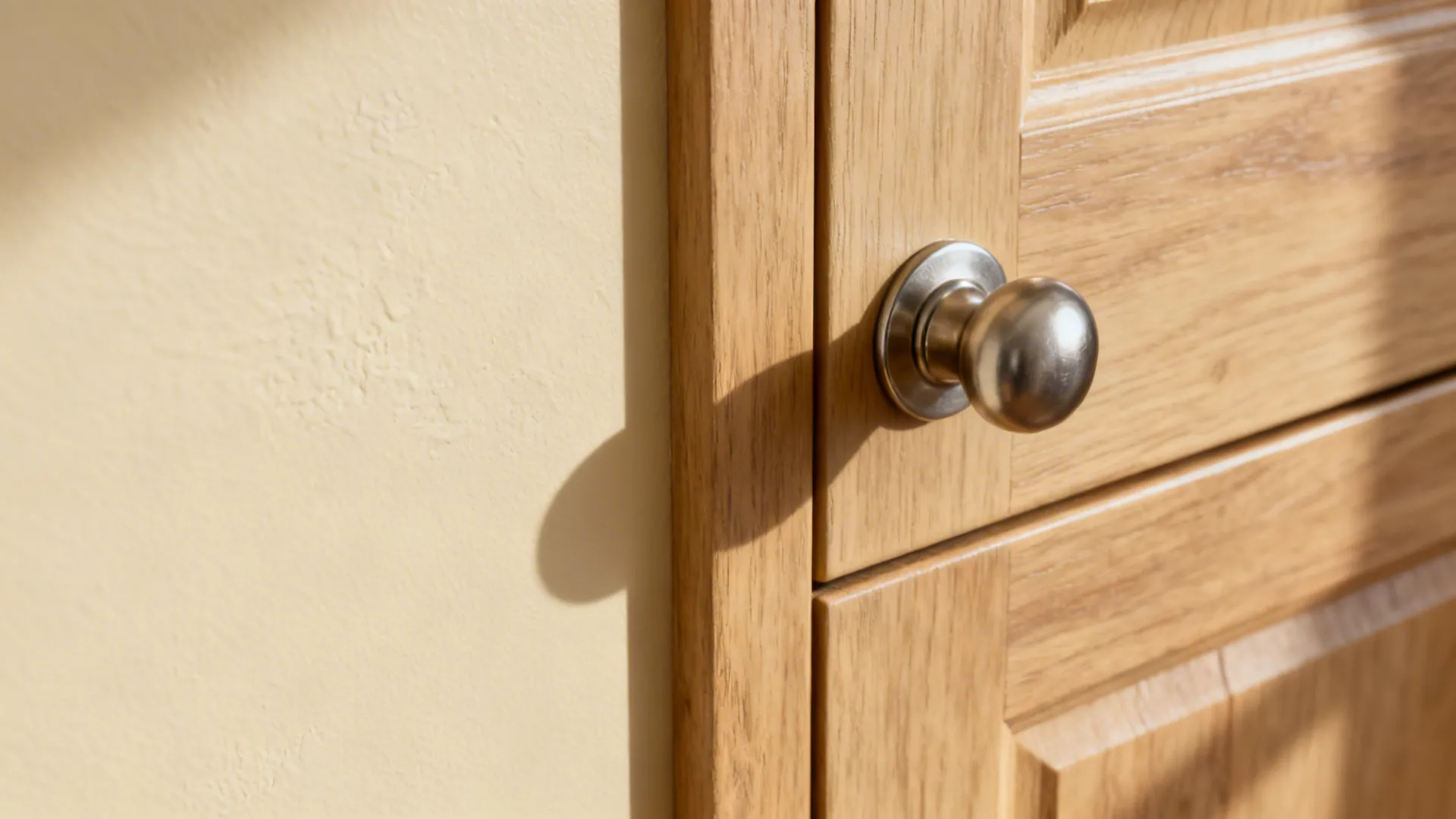 Macro of cream wall, oak cabinet grain, and brushed nickel handle in soft light.