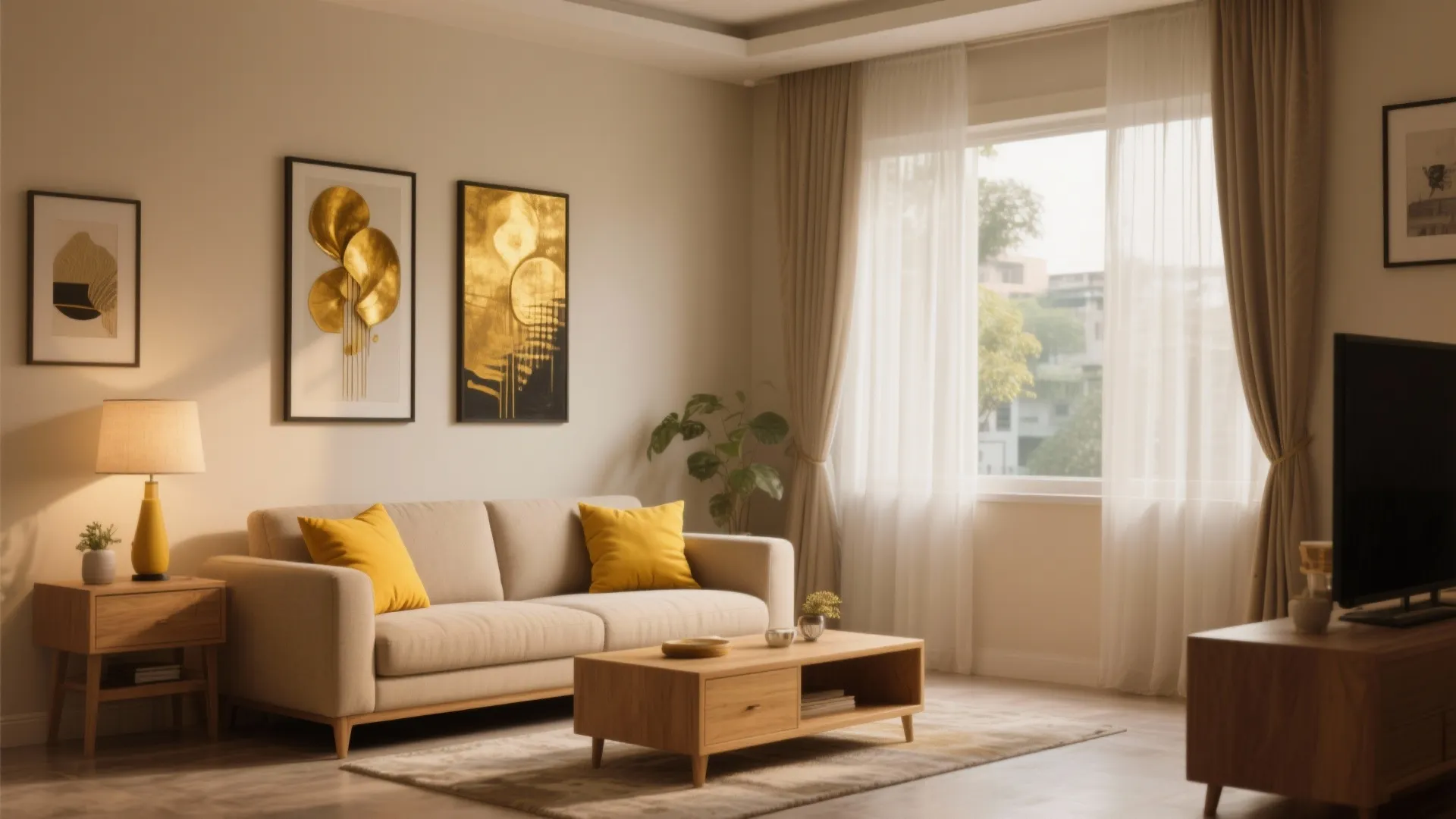 1. Warm Neutrals with Pops of Mustard