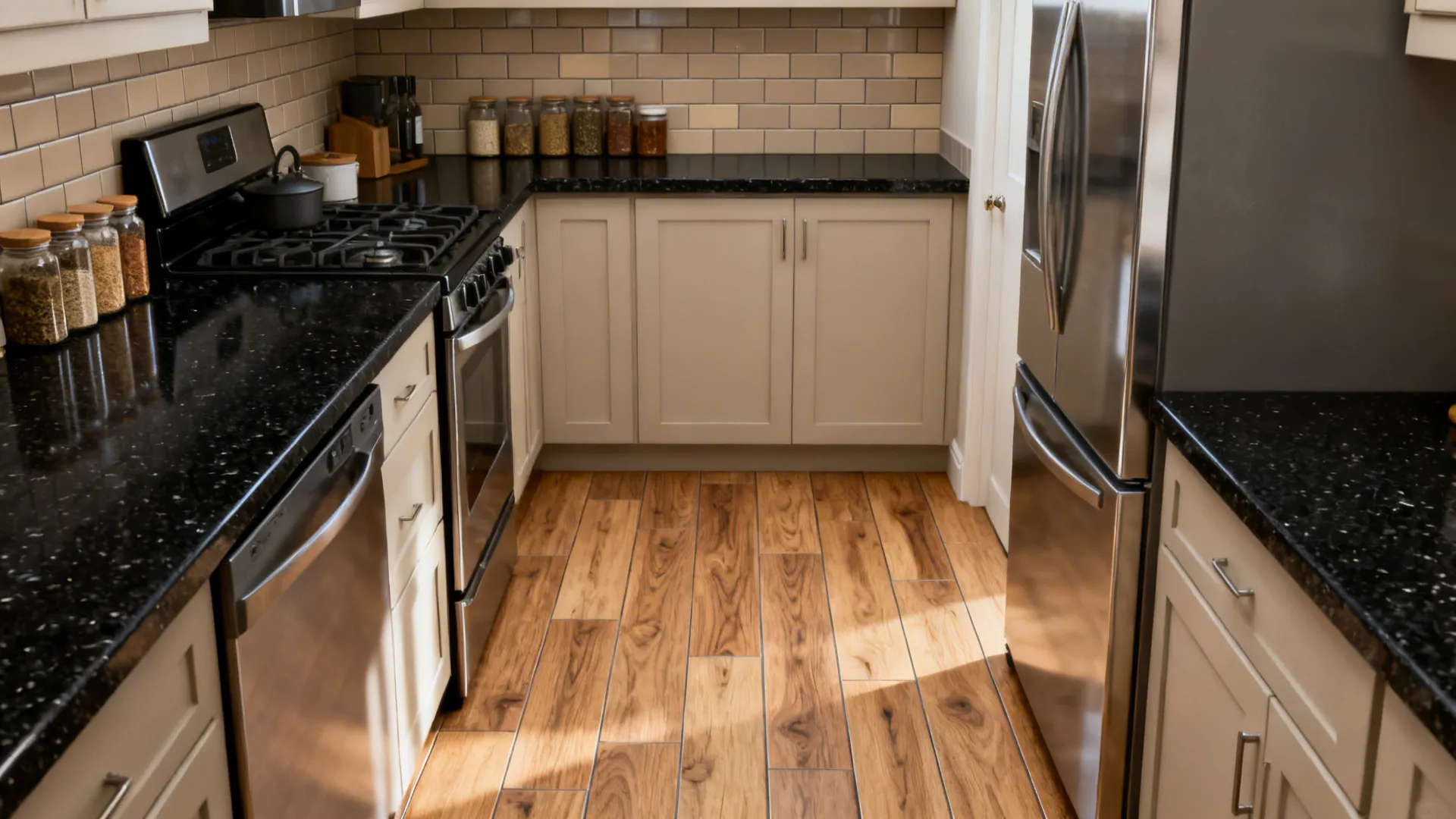Black granite counters with taupe subway tiles and oak-look porcelain floor in a compact kitchen.