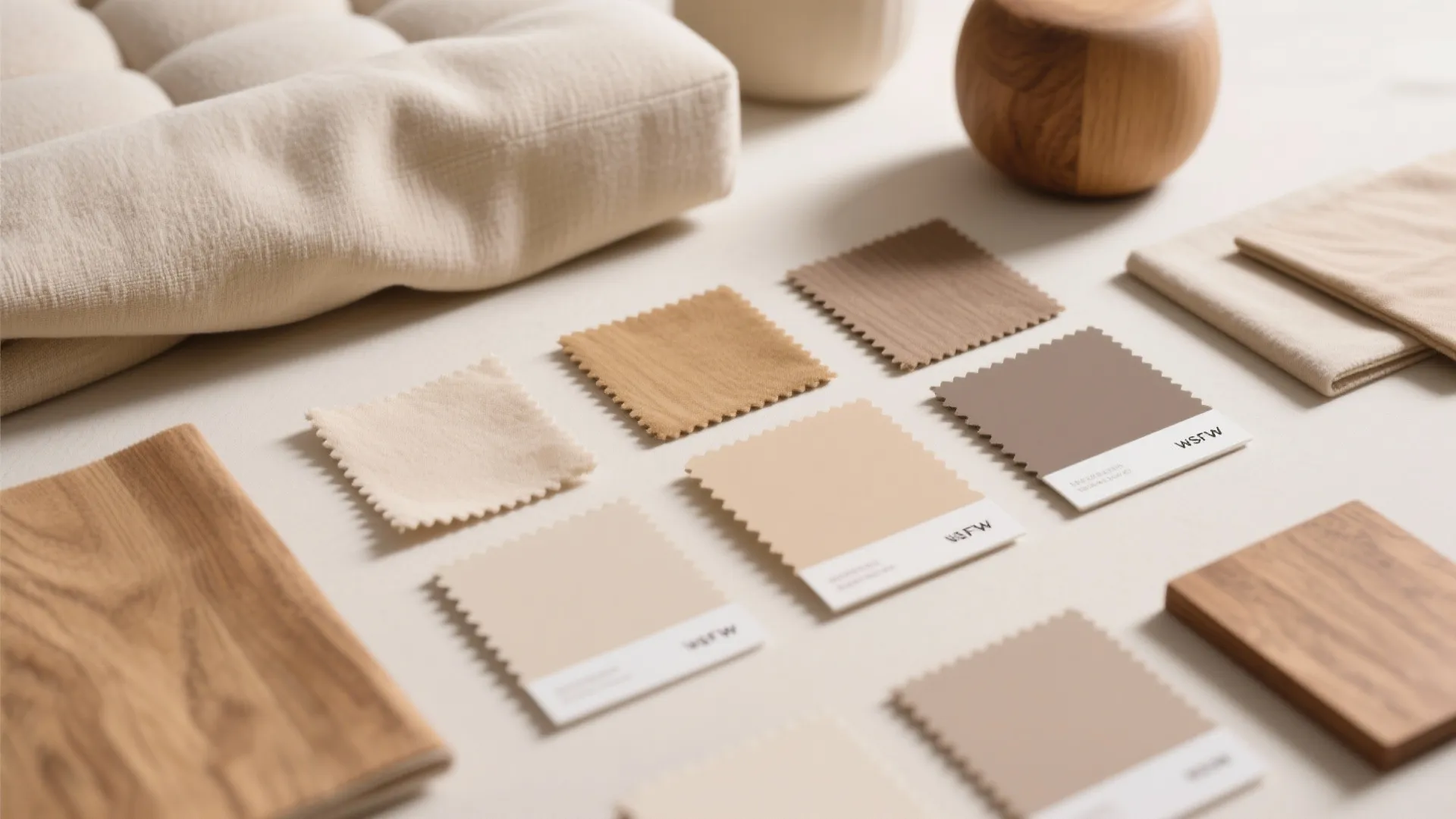 Interior design material board with neutral fabric samples wood pieces and a soft beige cushion