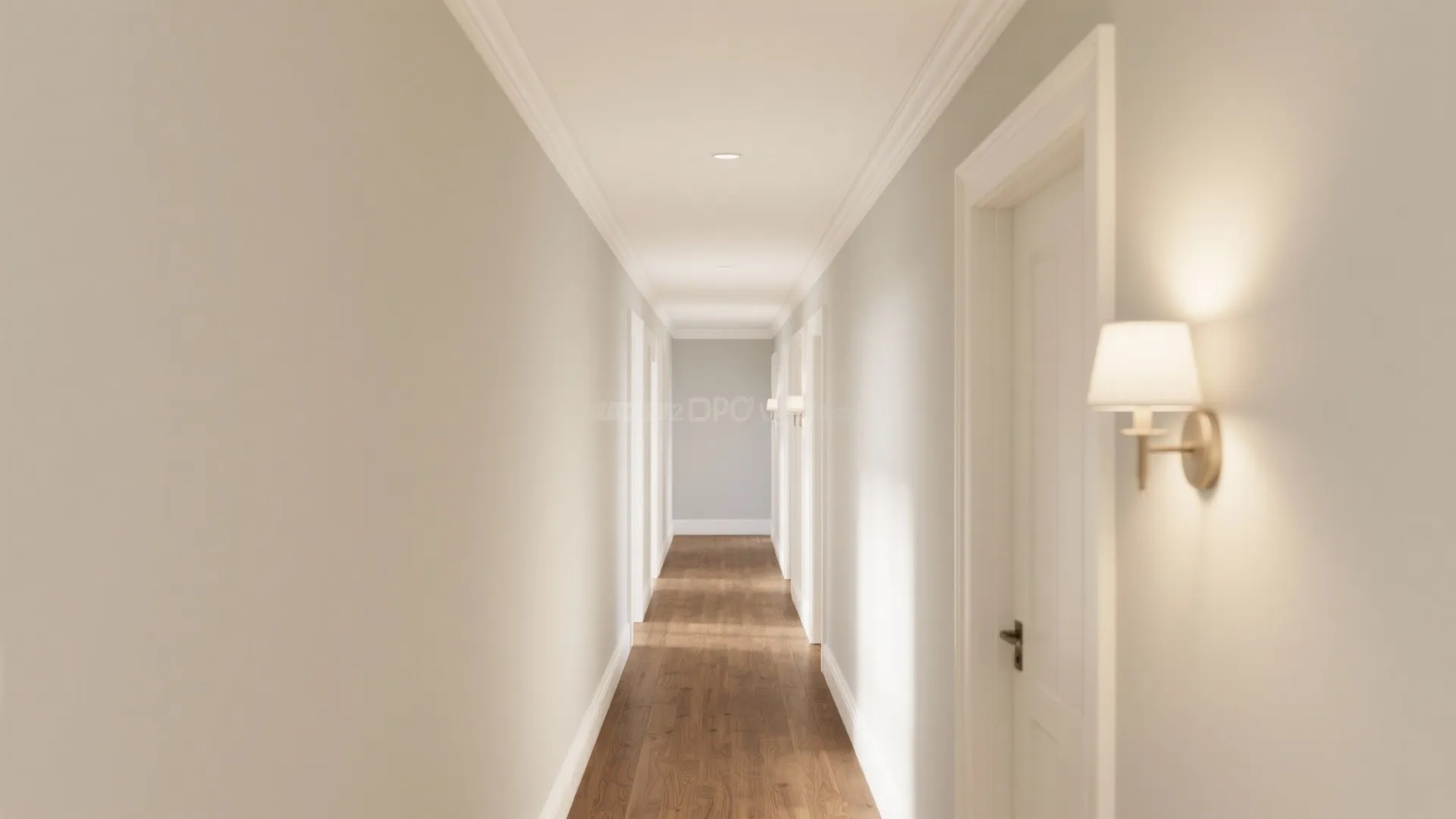 Long bright hallway with white walls wooden floors wall light fixtures and multiple white interior doors
