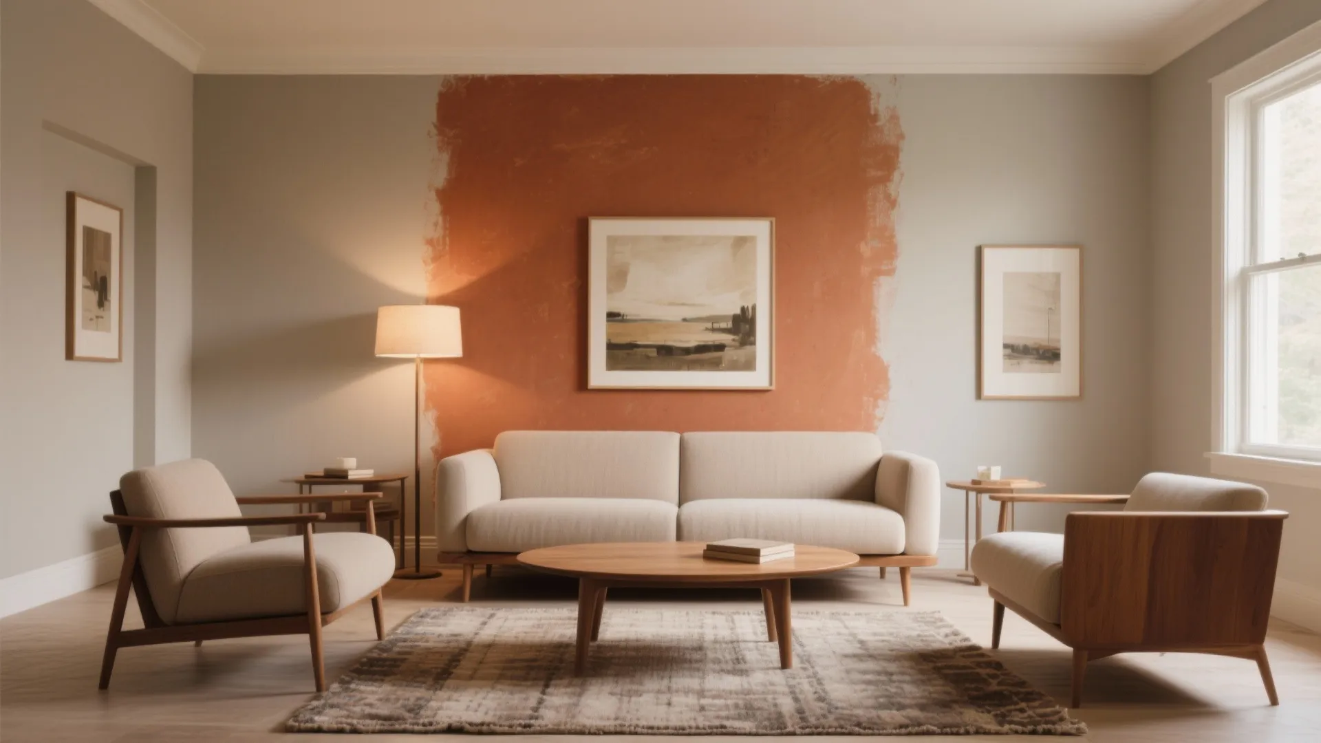 Modern living room featuring a beige sofa set, wooden coffee table, and orange accent wall
