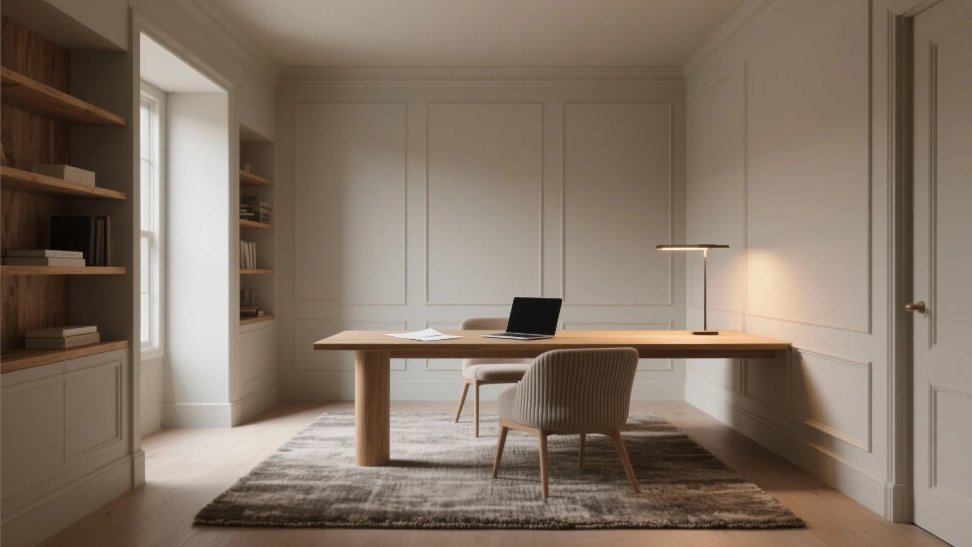 Minimalist study room with wooden table, laptop, desk lamp, wall panel, and neutral color rug