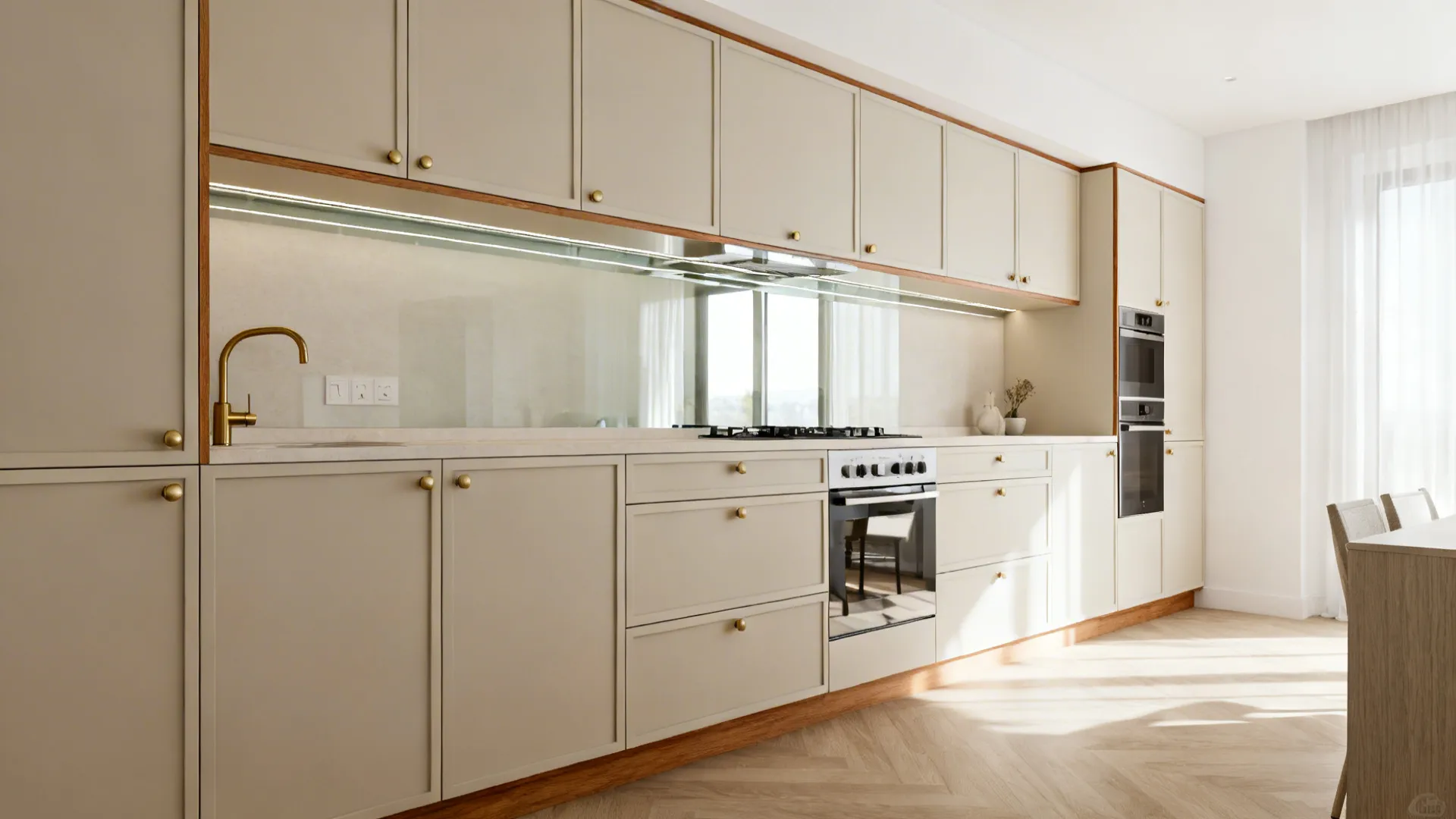 Oatmeal-beige Sunmica cabinets with warm white walls and a reflective glass backsplash.