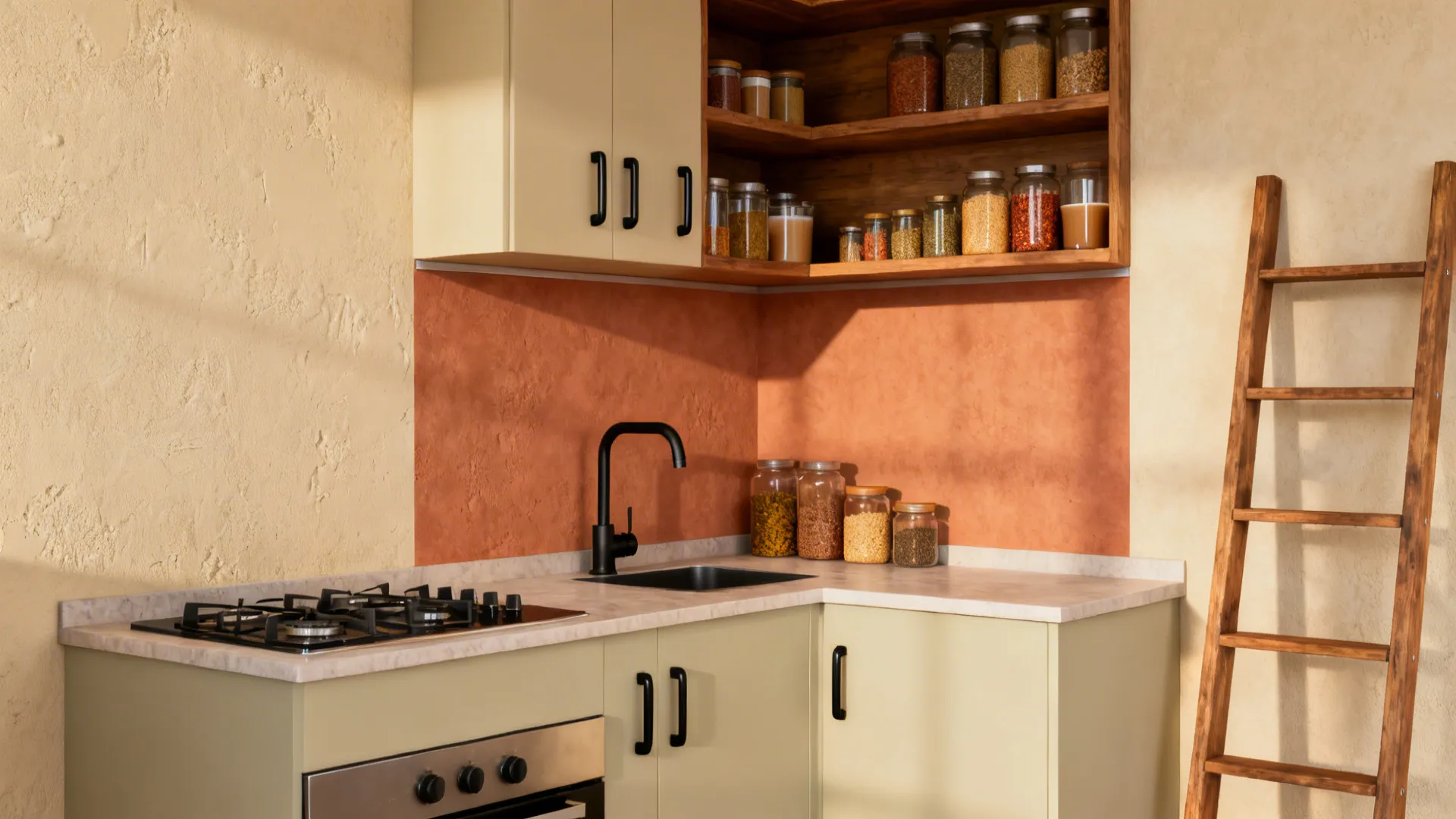Warm neutral Indian kitchen with a terracotta accent wall behind open shelves.