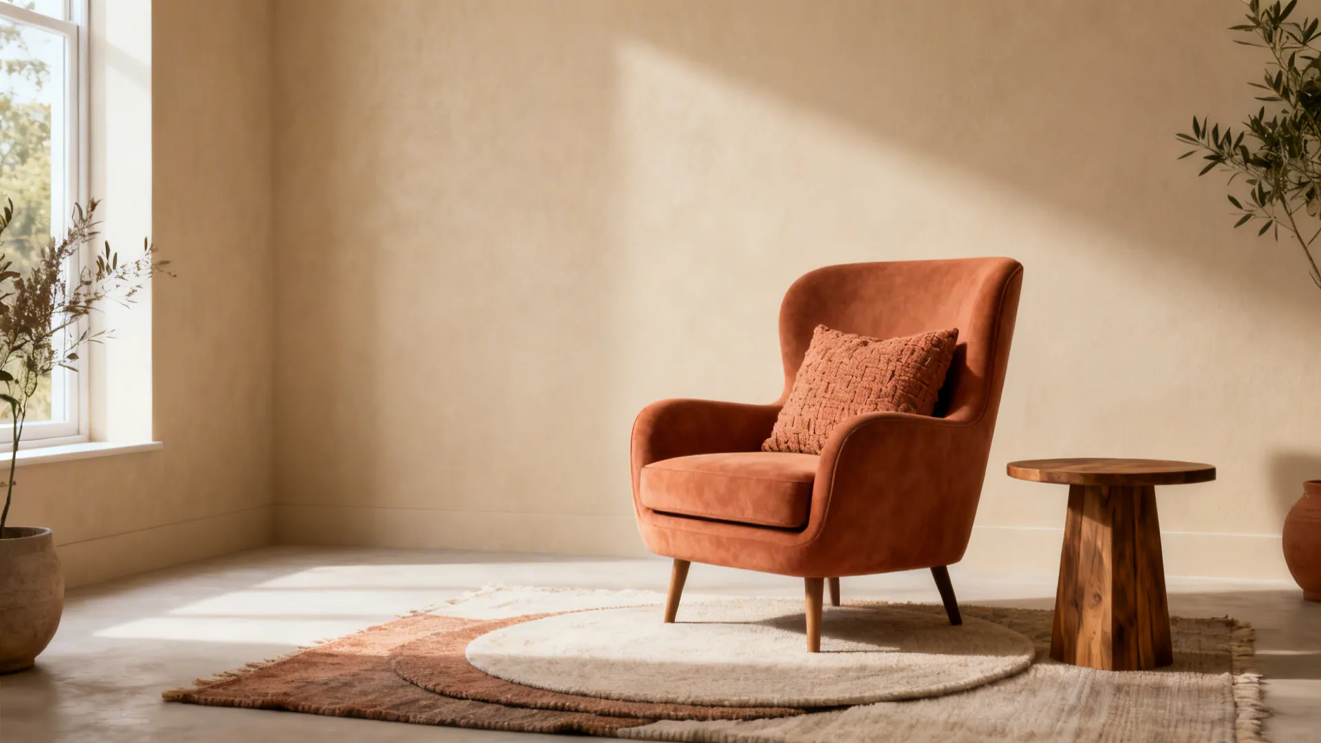 Cozy small living room with warm beige walls and a terracotta accent armchair with textured cushions.