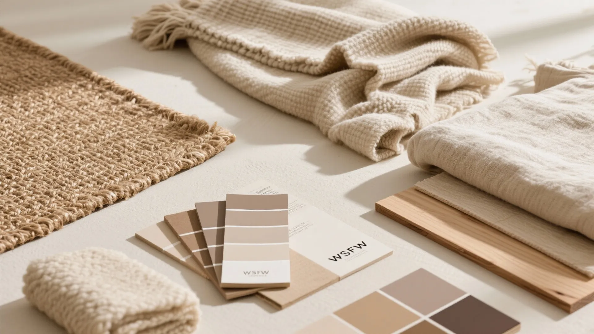 Interior design mood board with brown color samples wood pieces woven rug and soft beige blankets