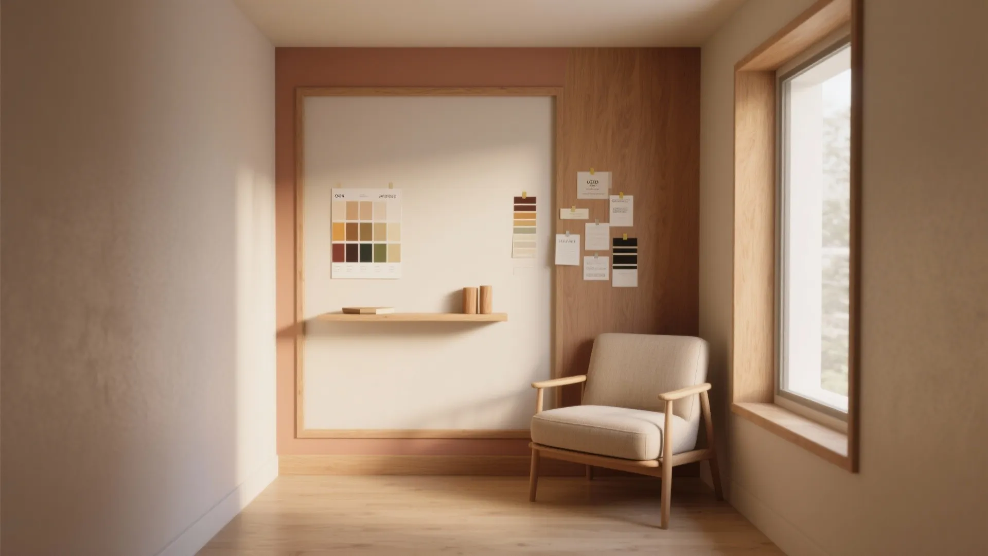 Minimalist room featuring warm peach wall with wooden chair small shelf and bright natural window