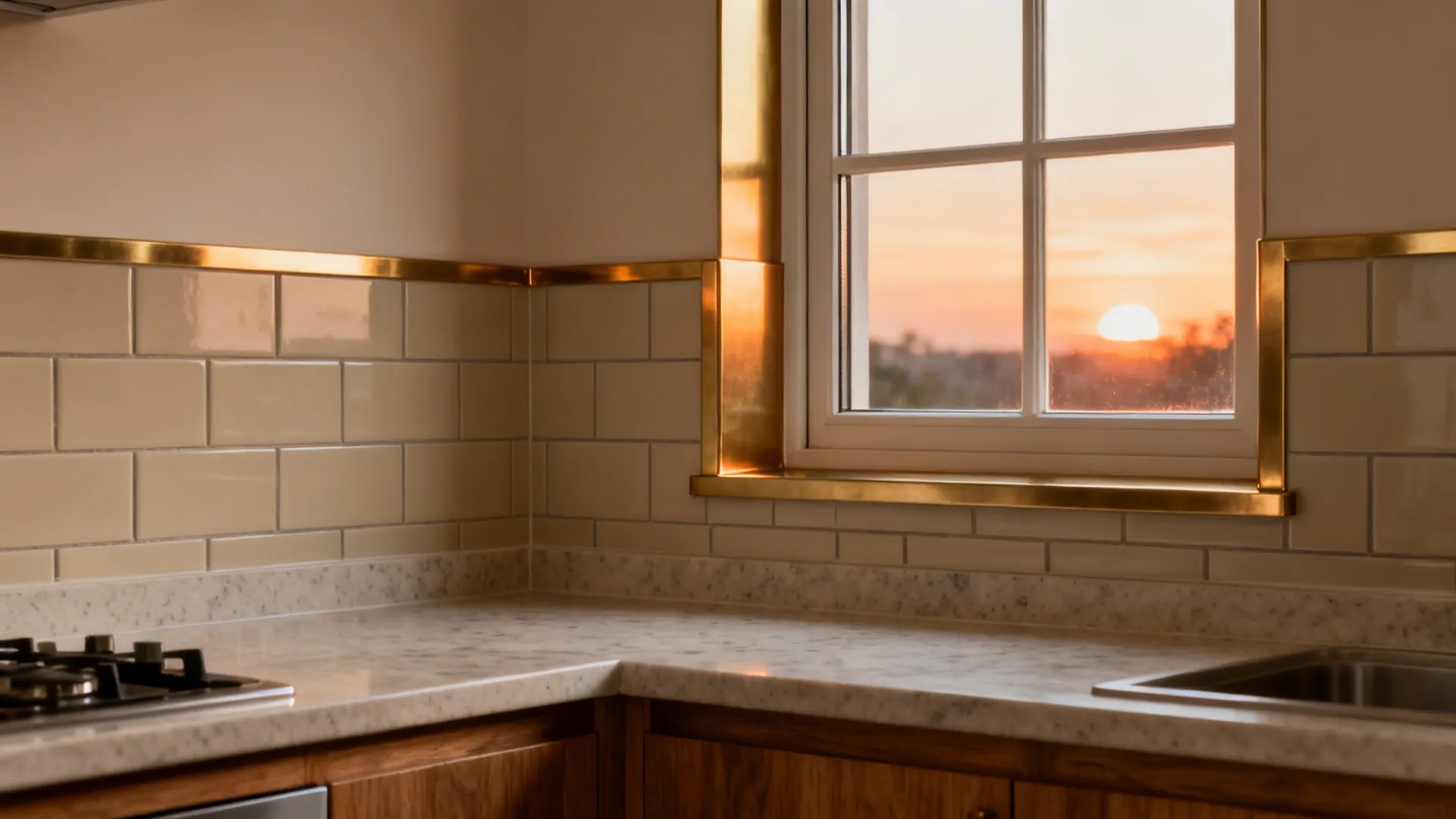 Kitchen counter with white subway tiles and gold metal trim under a window showing sunset