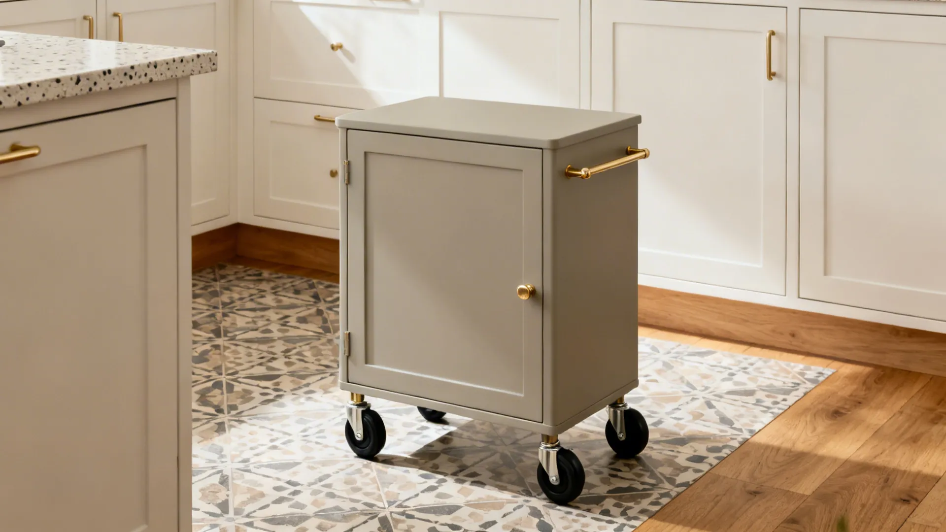 Greige matte kitchen trolley with brass hardware and black casters in a small warm neutral kitchen.
