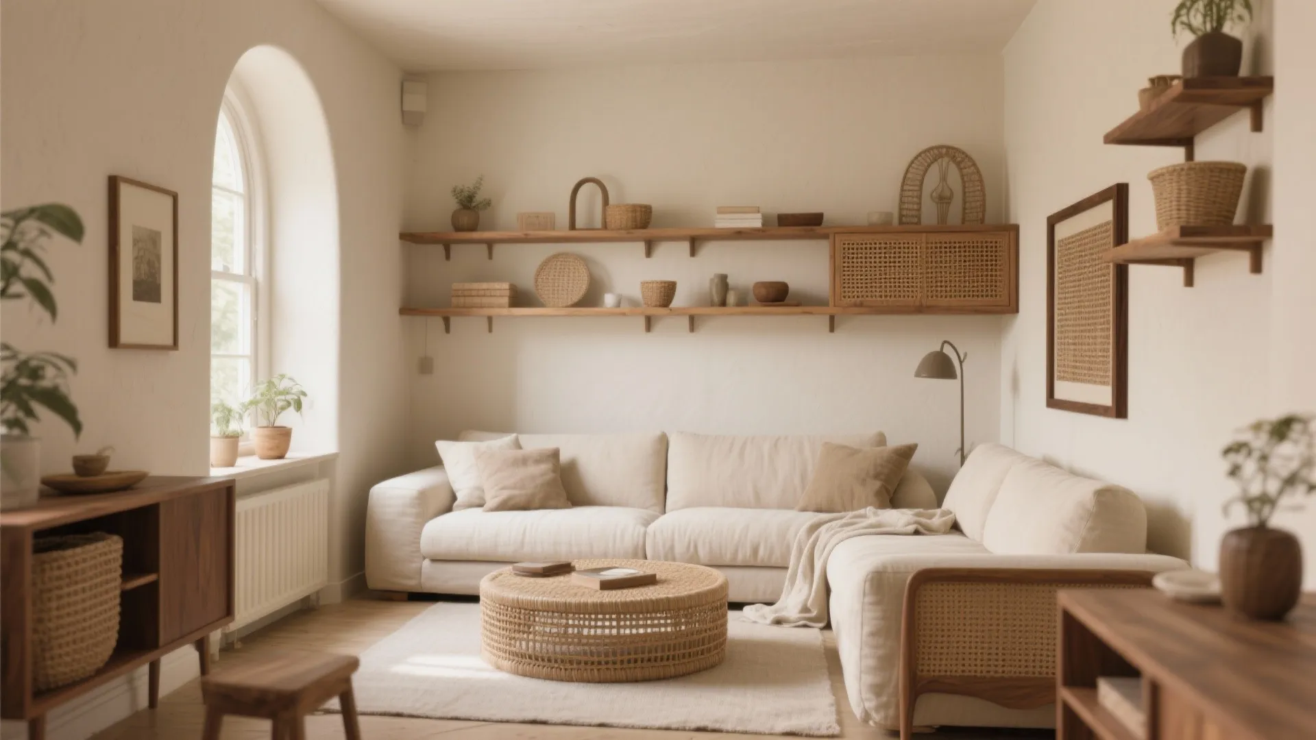 Warm neutral living room with cream sofa round woven coffee table and wooden wall shelves