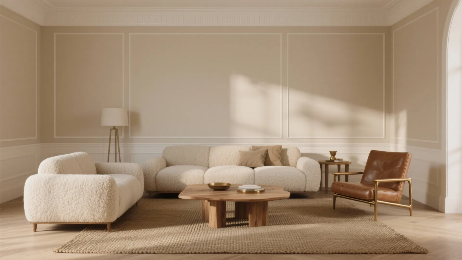 Warm neutral living room with textured layers; a Dulux colour scheme for small living rooms that feels bright and cozy.