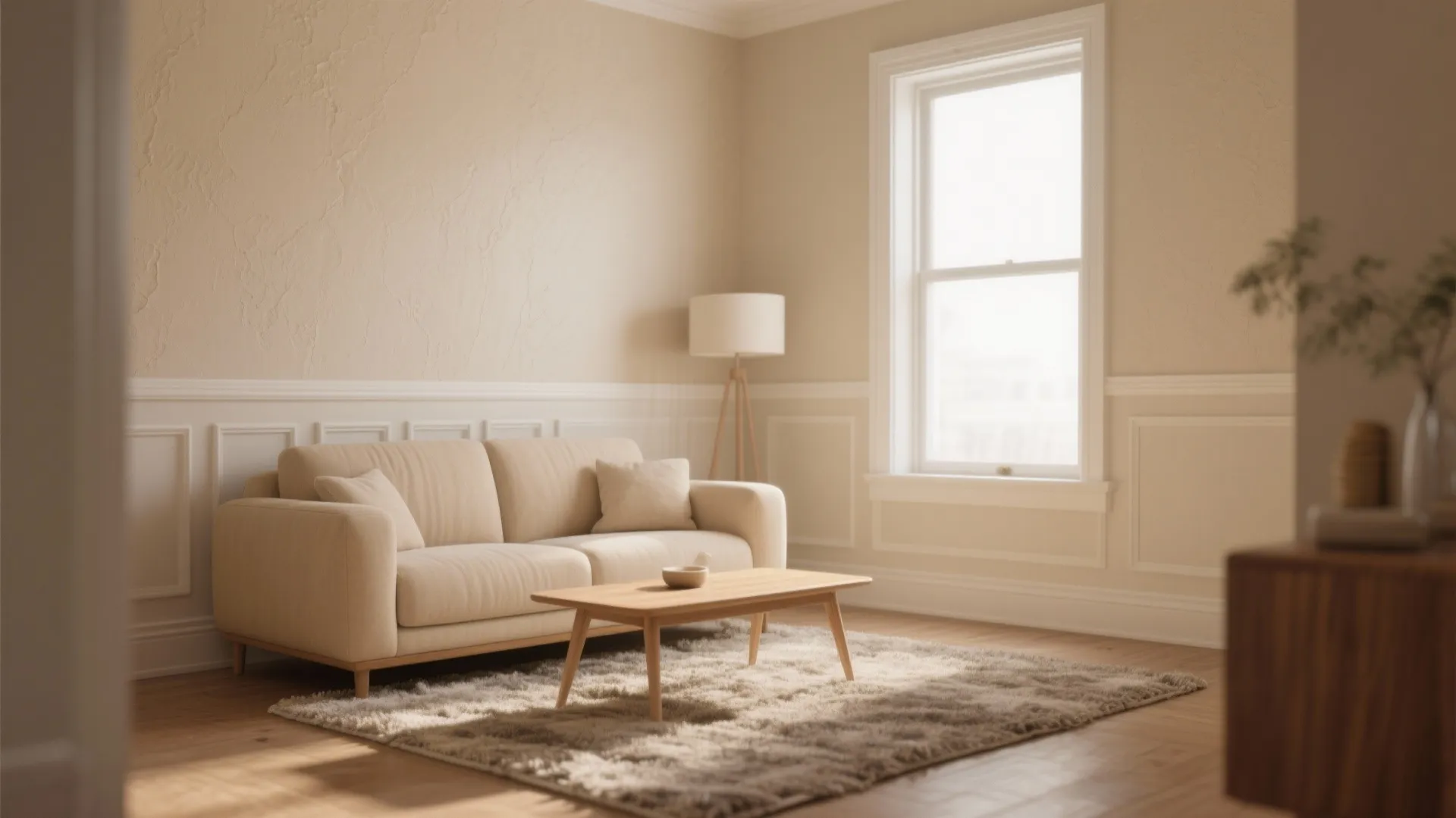 Warm beige living room with beige sofa wooden coffee table floor lamp and white wall panel