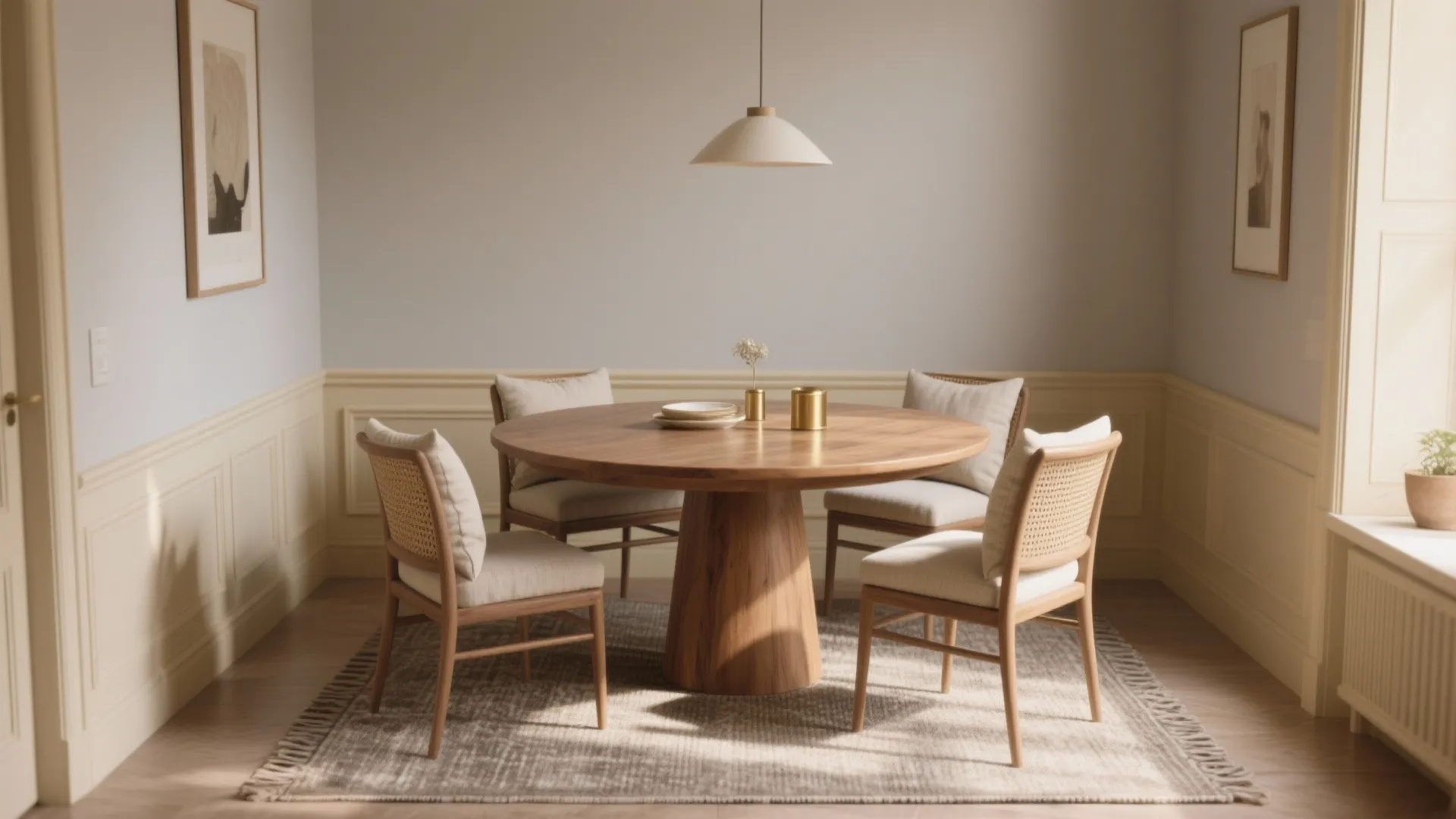 Round wooden dining table with four beige chairs cream wall panels and simple ceiling light