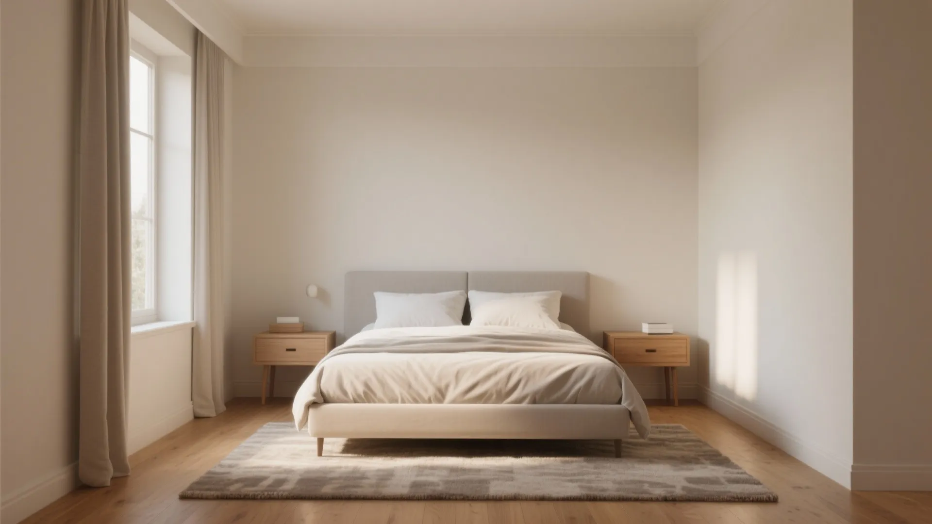 Minimalist bedroom with warm white walls wooden floor grey rug and two wooden side tables