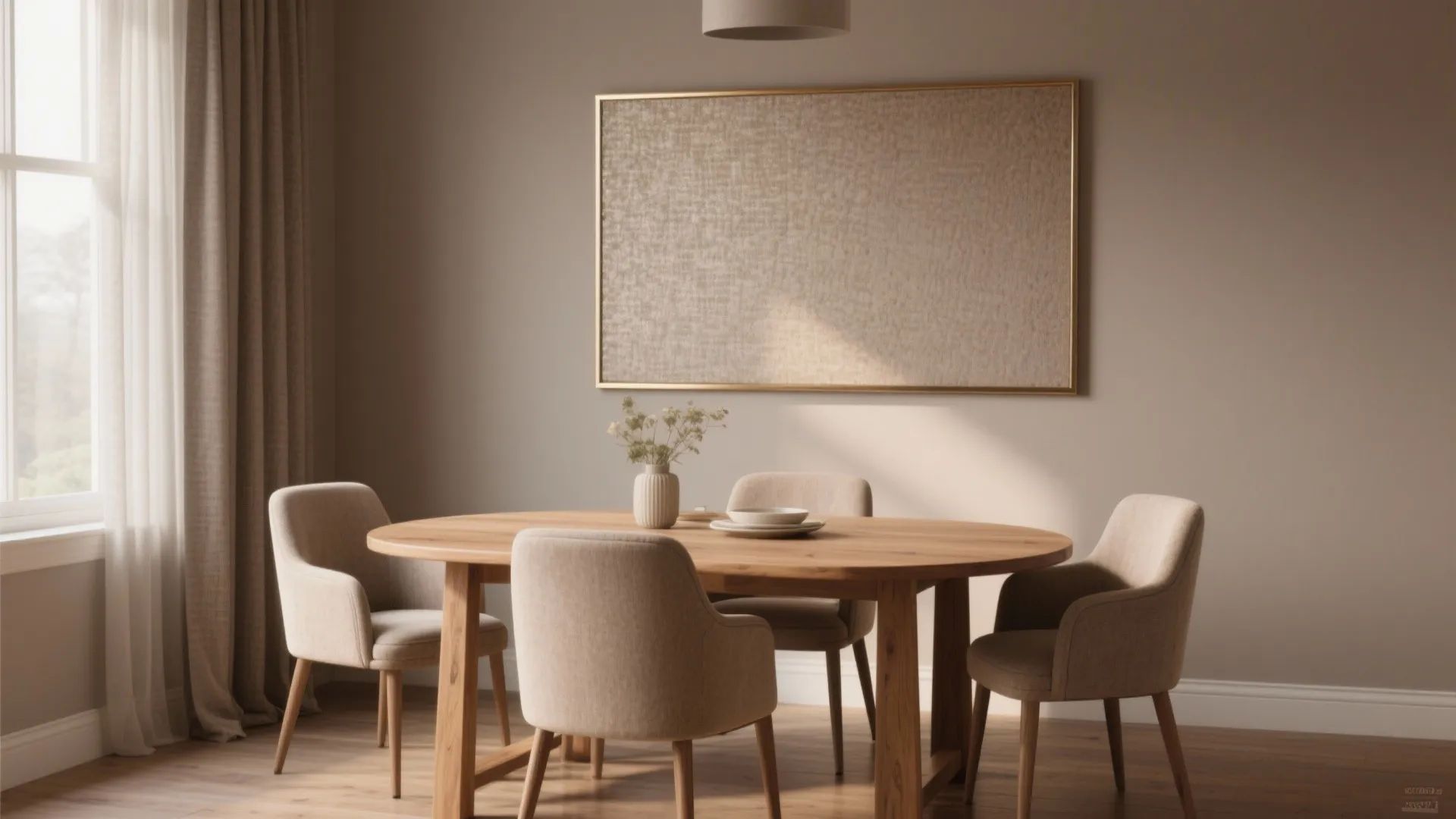 Cozy dining room with warm greige walls, oak table, textured wallpaper accent and warm metallic frame.