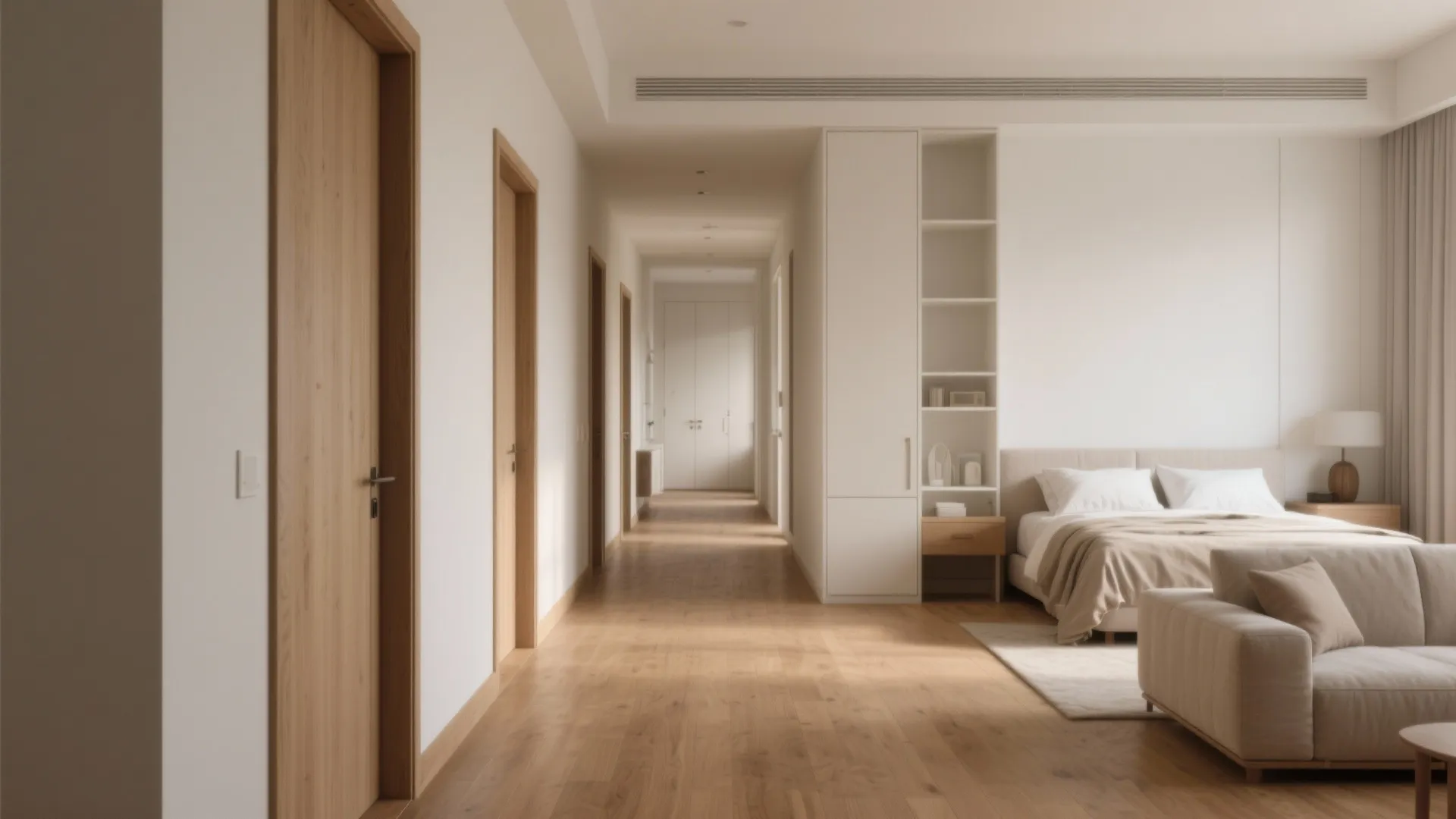 Long hallway with wooden doors leading into a minimalist bedroom with a comfortable white sofa