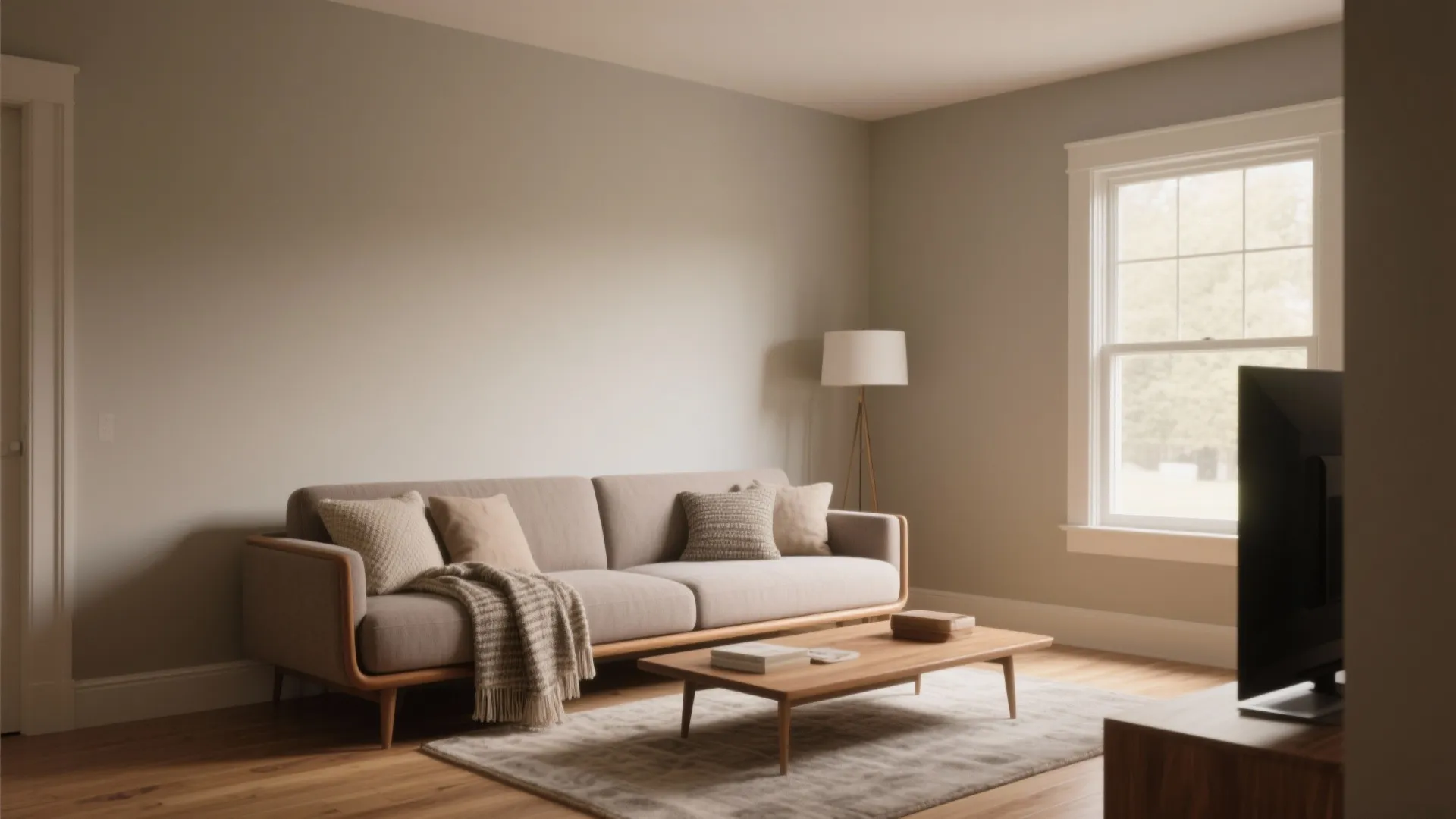 Small living room painted in warm neutrals with layered textiles, wood trim, and soft daylight.