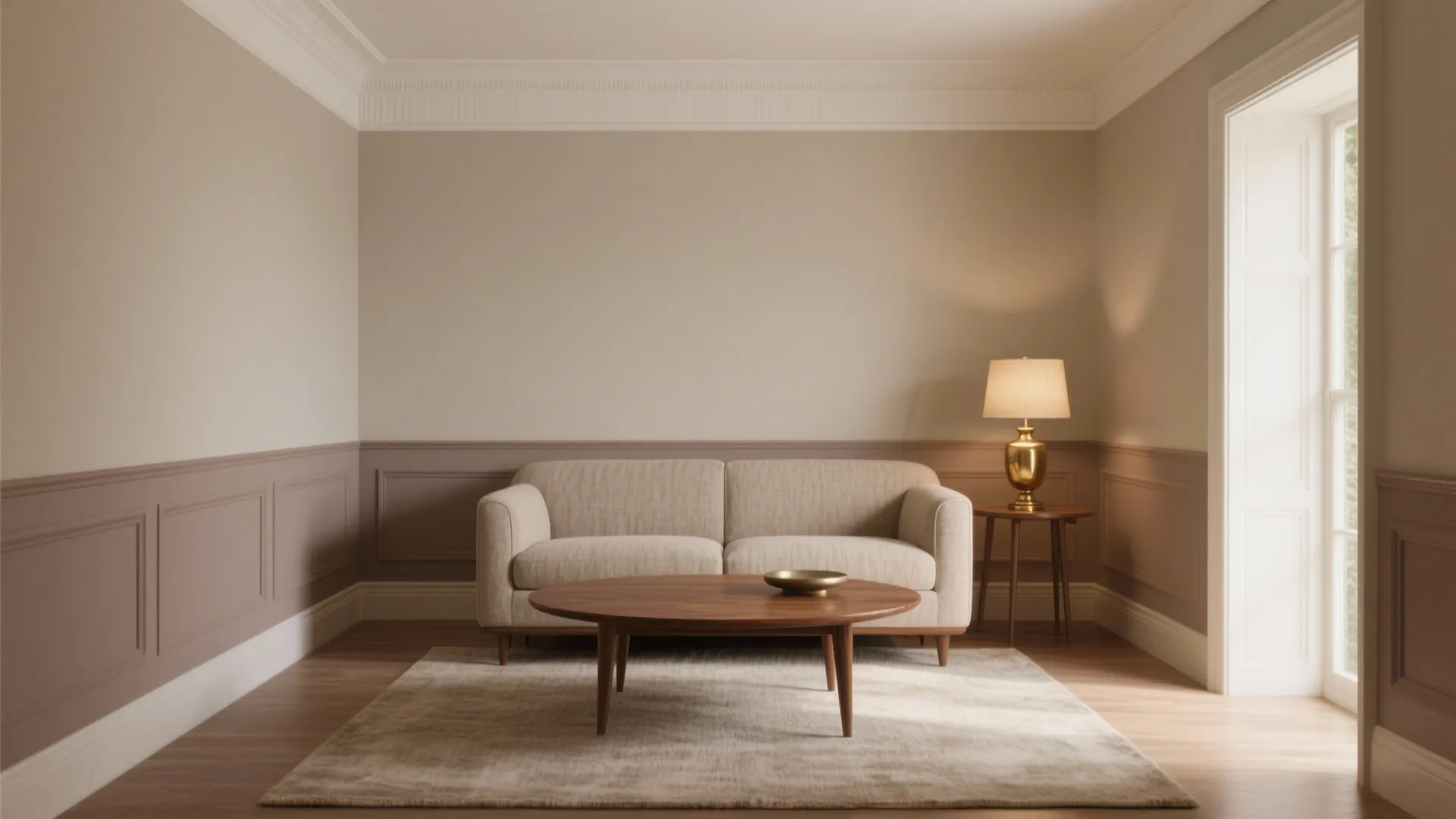 Elegant living room with beige sofa wooden coffee table gold table lamp and decorative wall panel