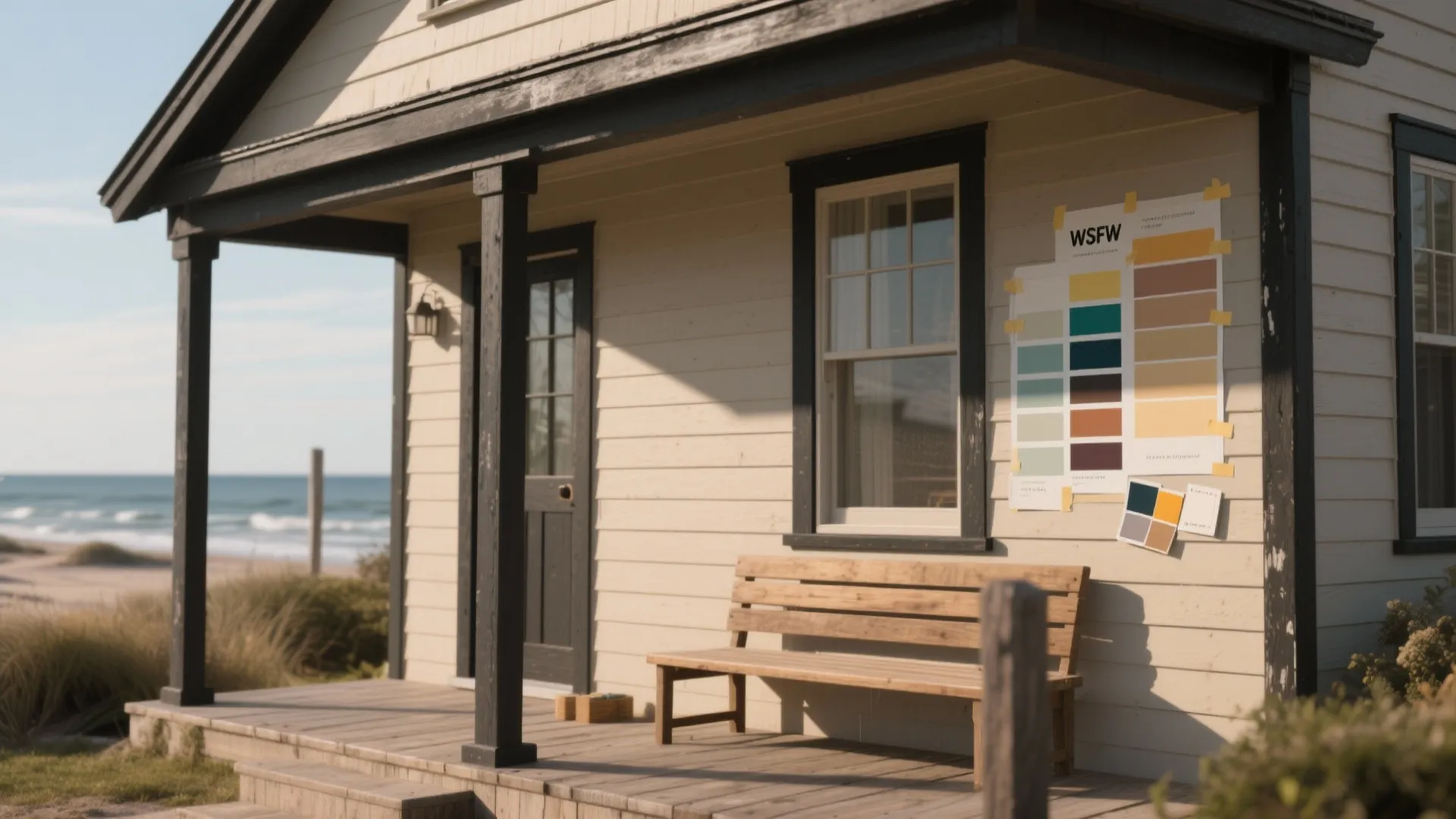 Coastal bungalow in warm greige with nearly-black trim and large paint swatches visible on the wall.