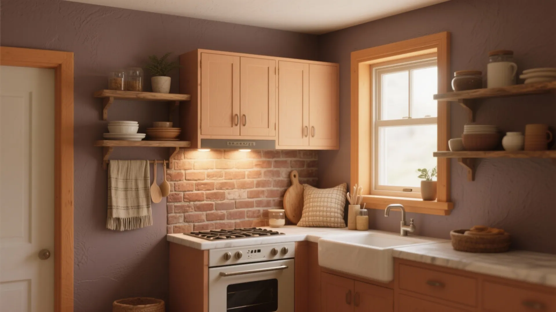 Small kitchen styled with clay and taupe walls, soft ochre trim, raw wood shelves and textured textiles creating a warm neutral rustic look.