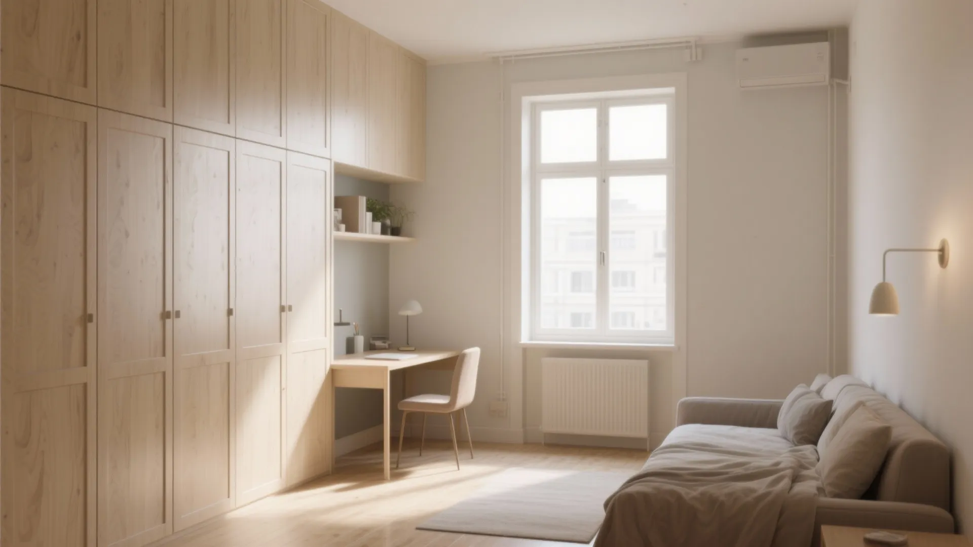 Minimalist home office and bedroom with wooden cabinets a desk light grey sofa and window