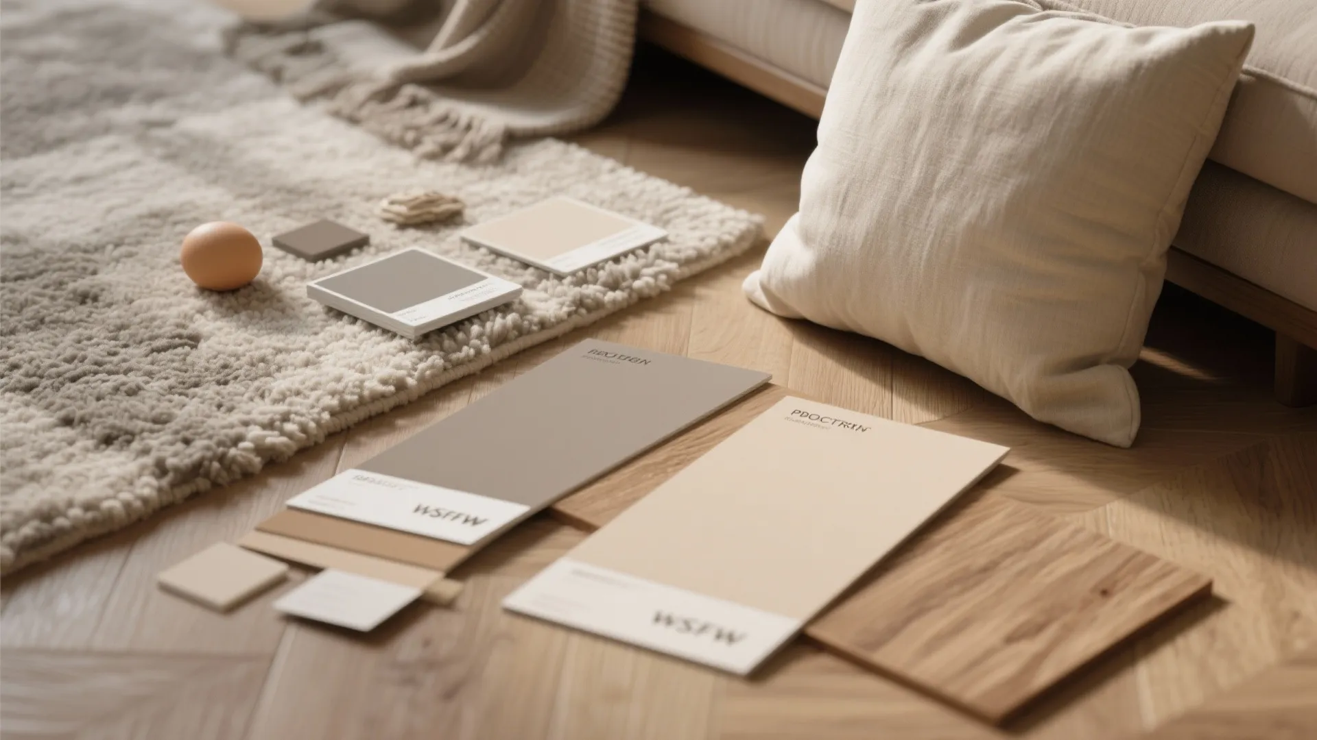 Neutral color swatches on wooden floor next to a rug and a large white pillow