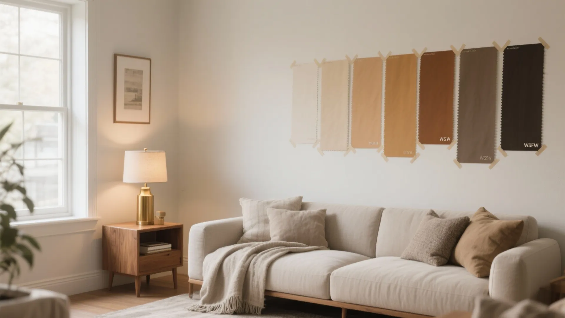 Cozy small living room with warm greige walls, linen sofa, and paint sample swatches on the wall.