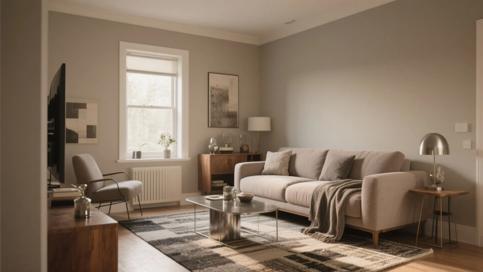 Living room in warm neutral greige and taupe with wood and metal accents and layered textures.