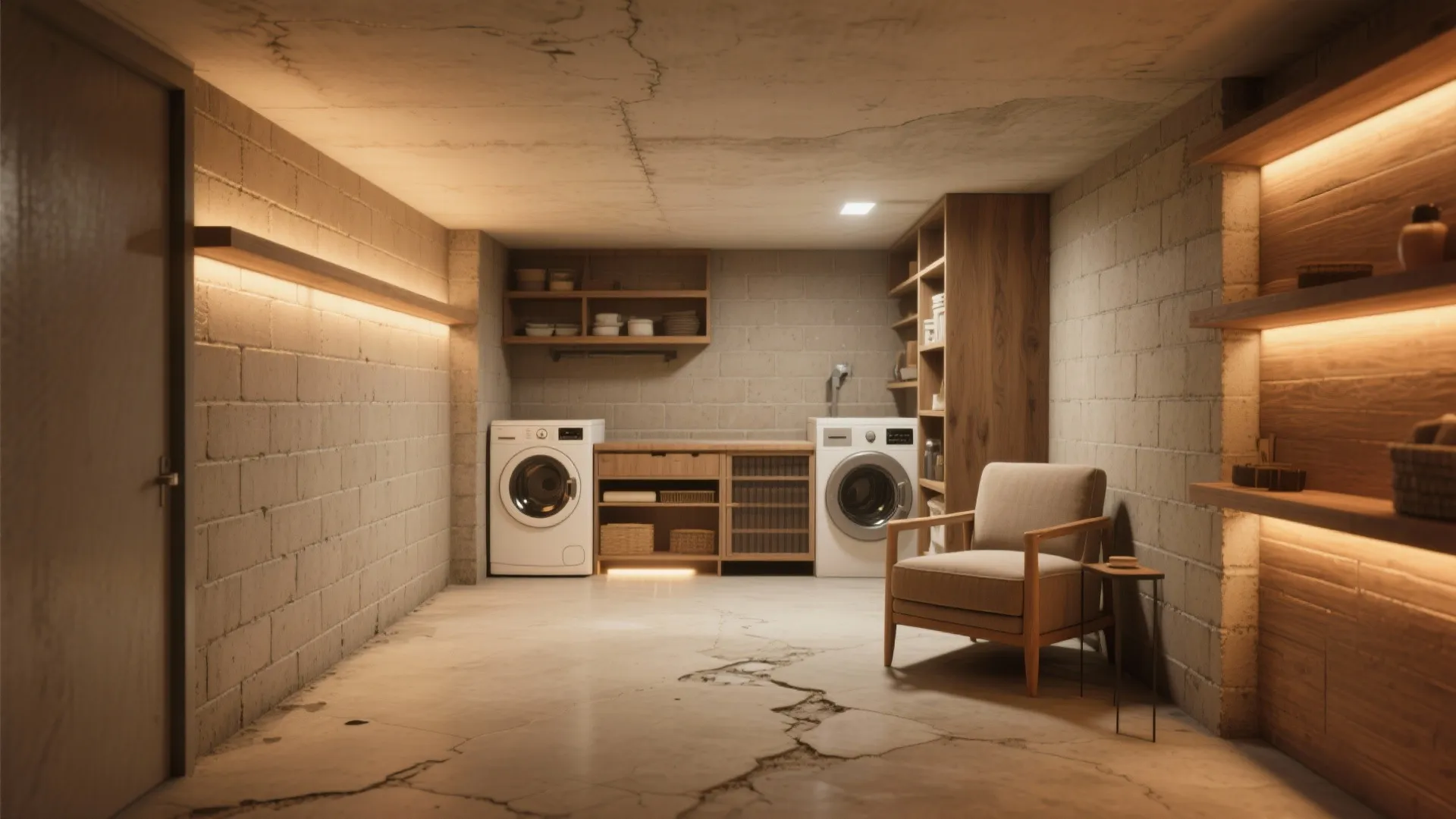 Cozy basement with warm greige walls and layered lighting that masks concrete imperfections.