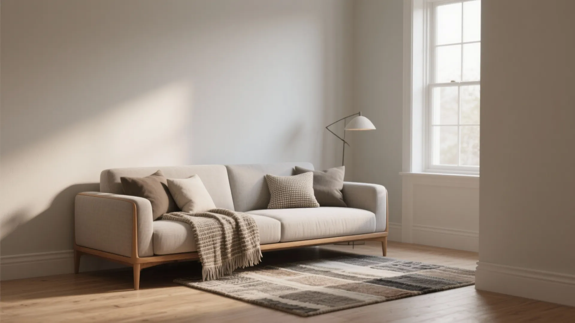 Minimalist living room with a beige sofa patterned rug floor lamp and bright natural light