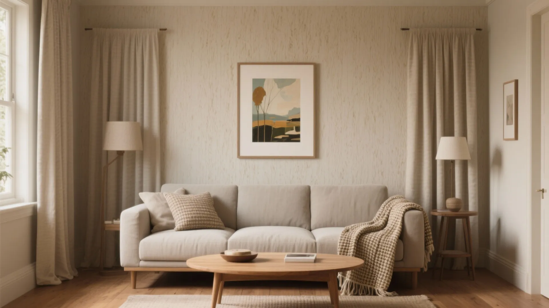 Cozy living room with beige sofa wood coffee table cream curtains and warm wall lighting