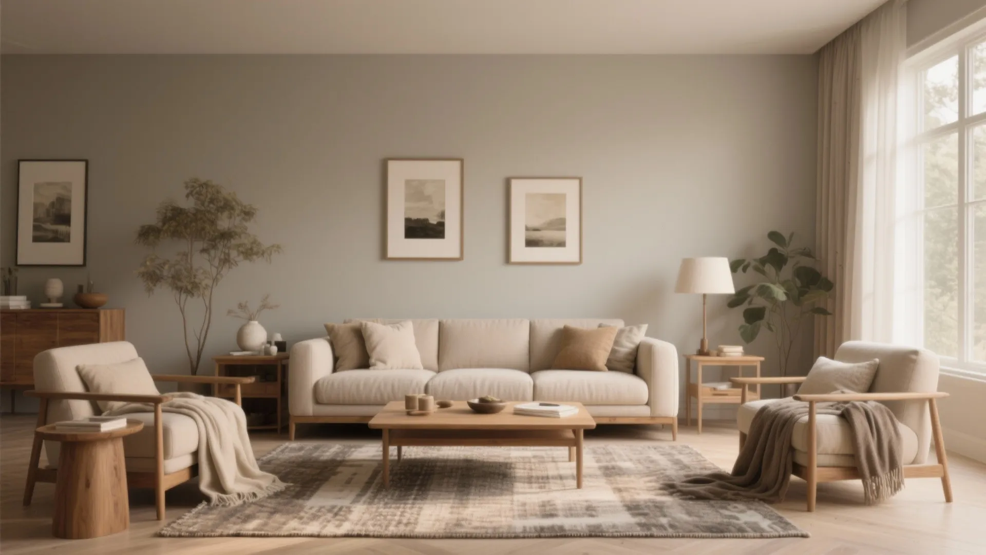 Neutral living room with cream sofa wooden coffee table rug art frames and large windows