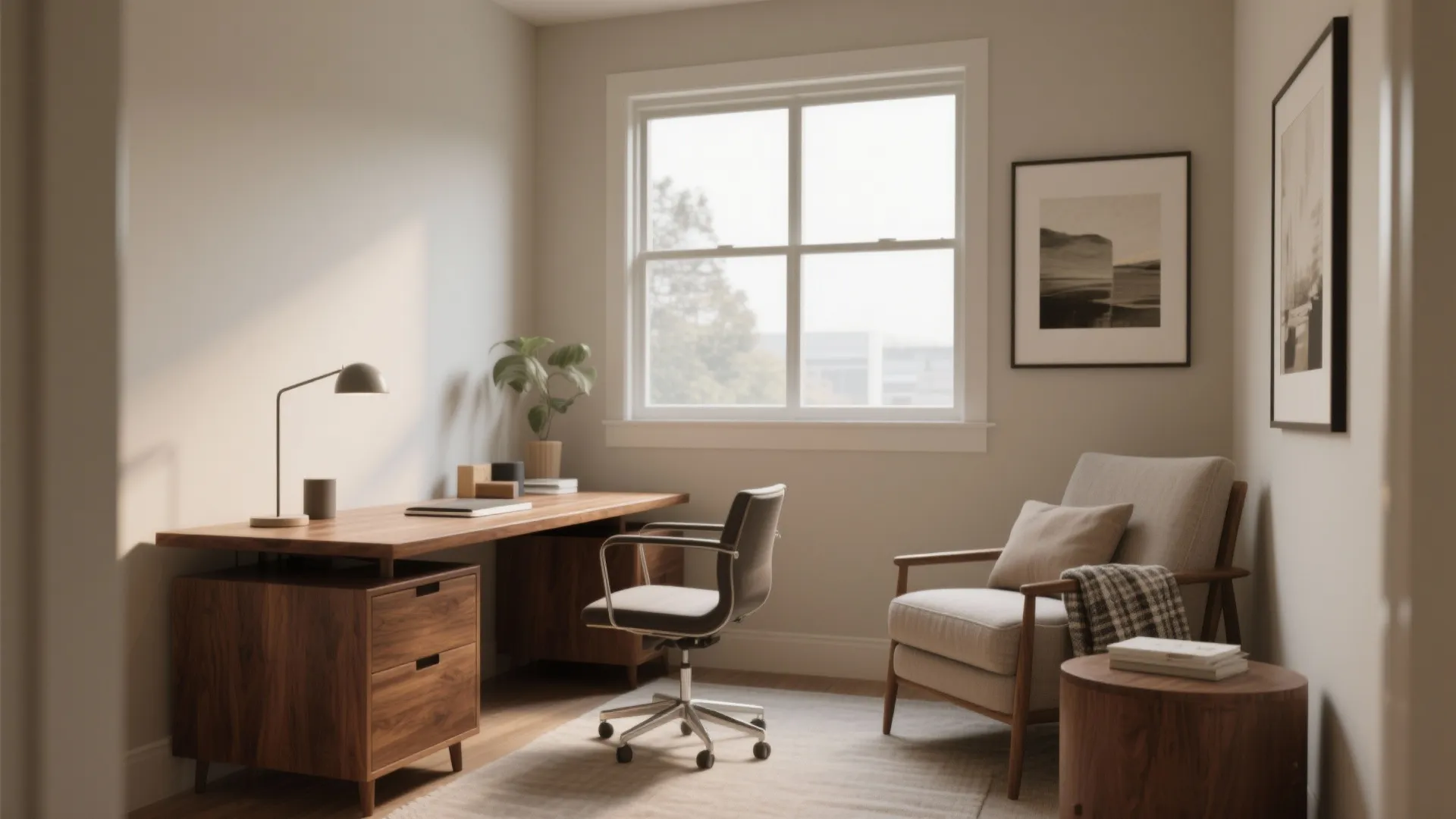Home office with wood desk and chair plus grey armchair near window with warm sunlight