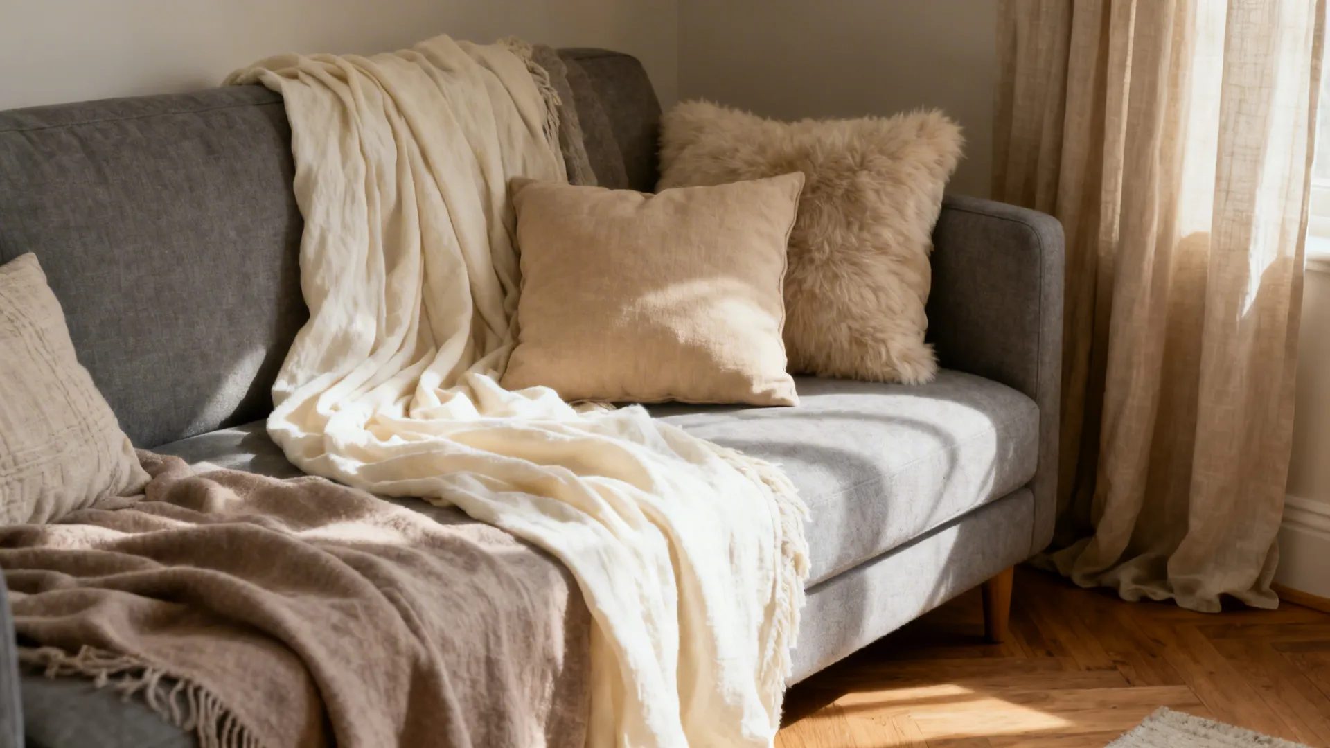 Grey sofa styled with cream and taupe cushions, natural wood floor and soft daylight.