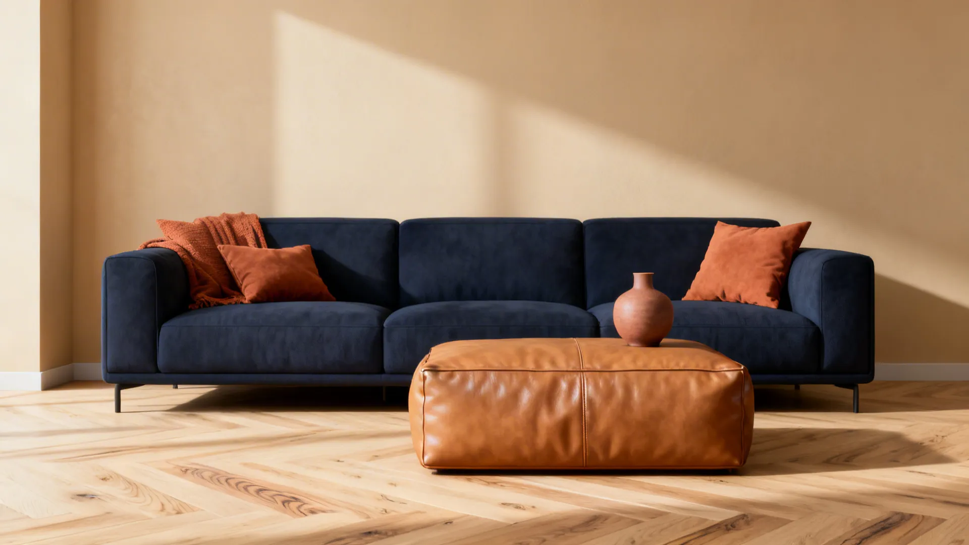 Navy sofa paired with warm beige walls, camel leather ottoman and terracotta accents