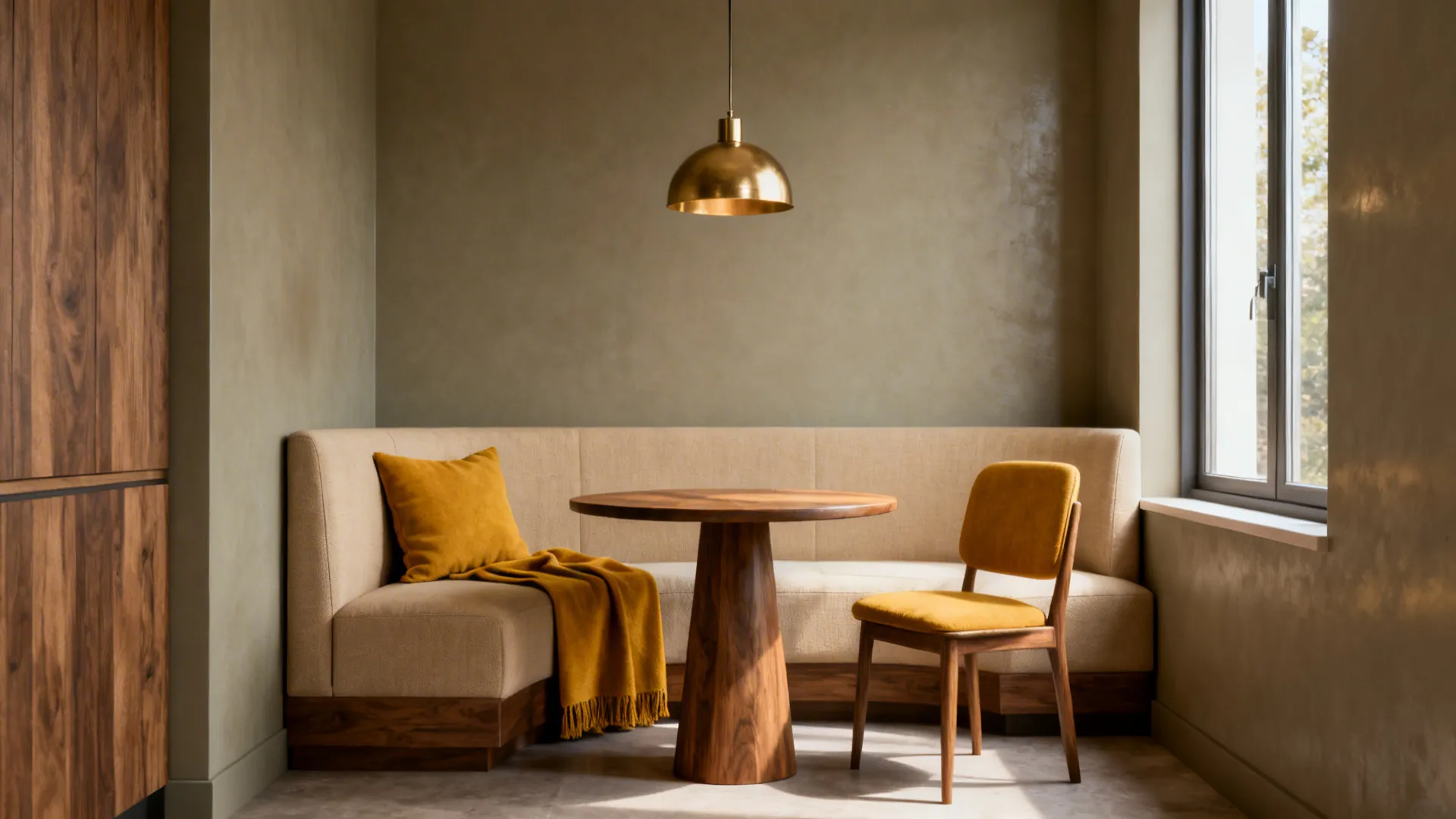 Compact dining corner with warm greige walls and a mustard accent cushion on wood chairs