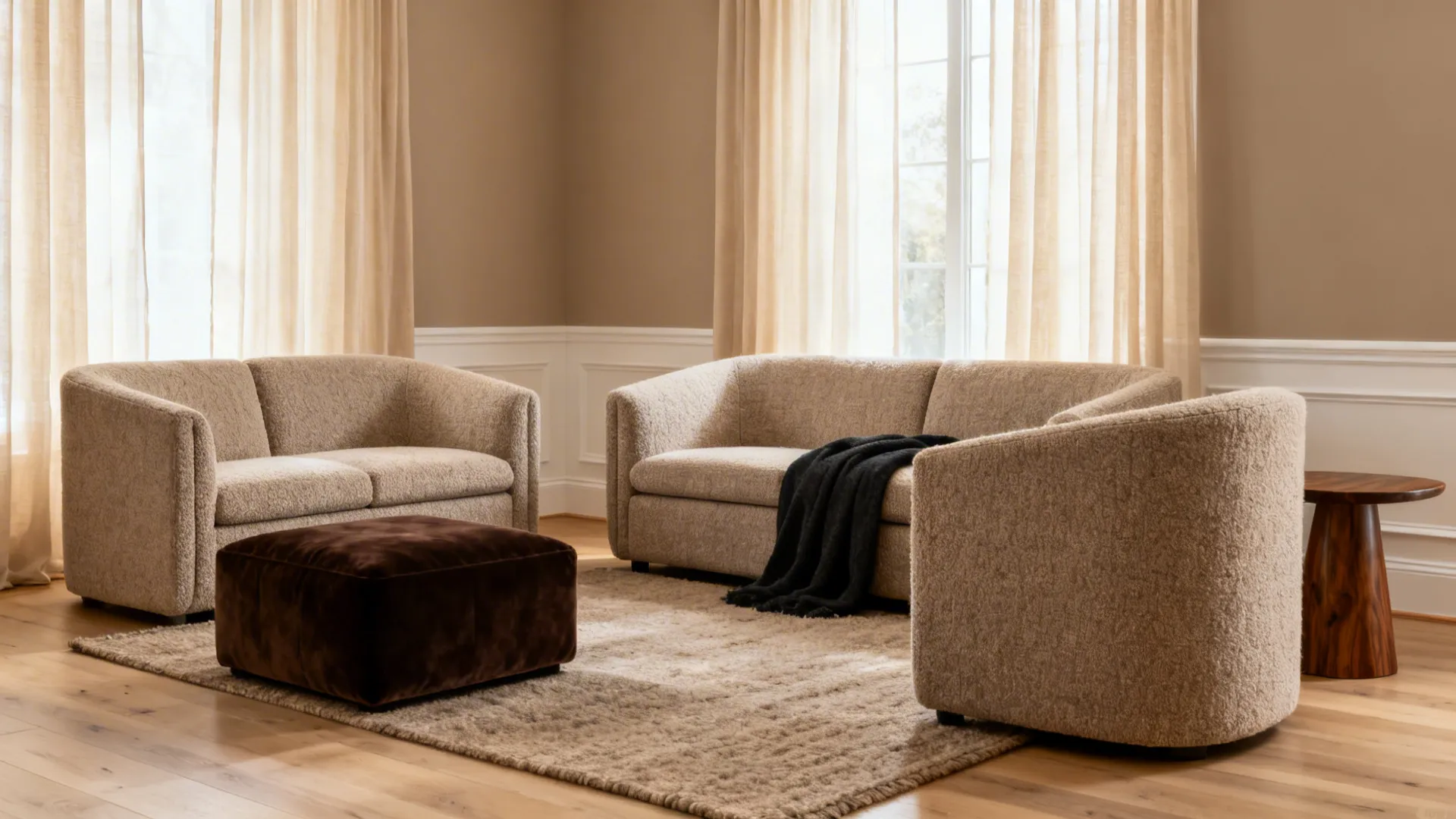 Warm living room with textured beige sofas brown footrest large rug wooden floor and curtains