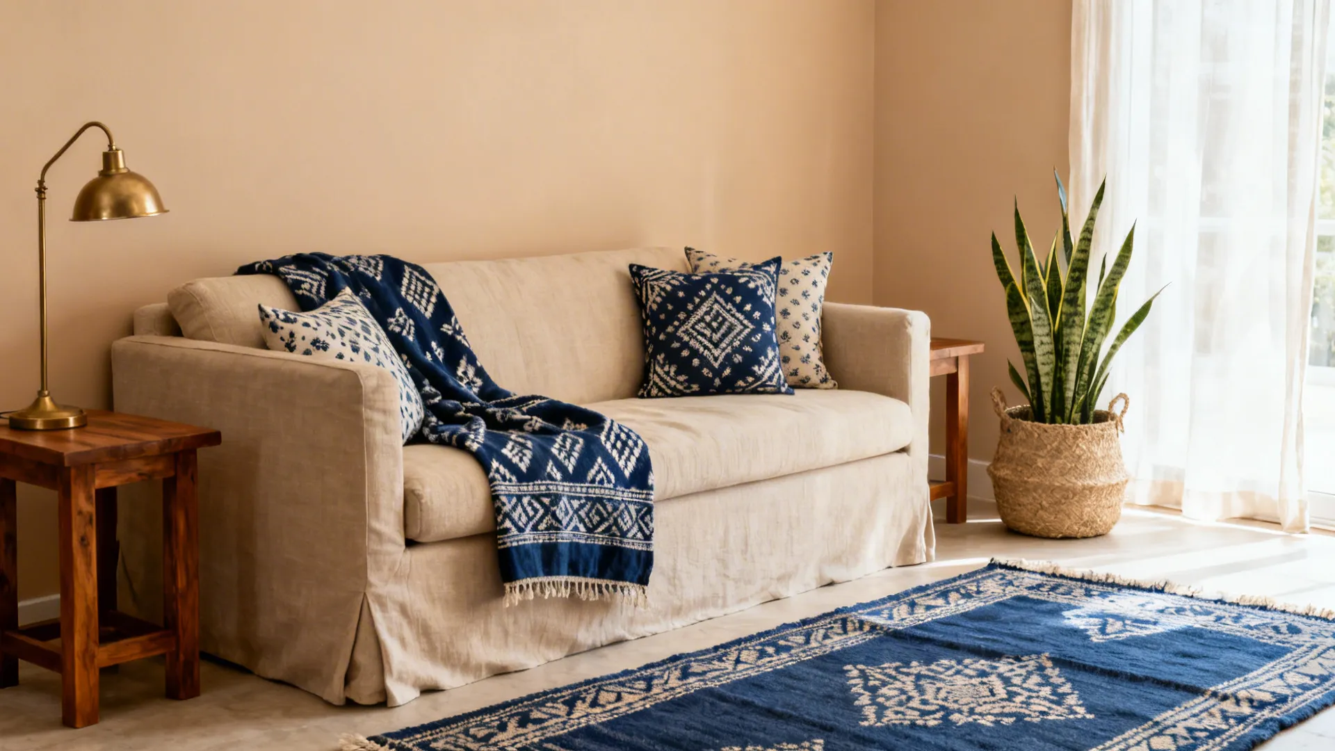 Beige and almond living room with indigo dhurrie and hand-block cushions.