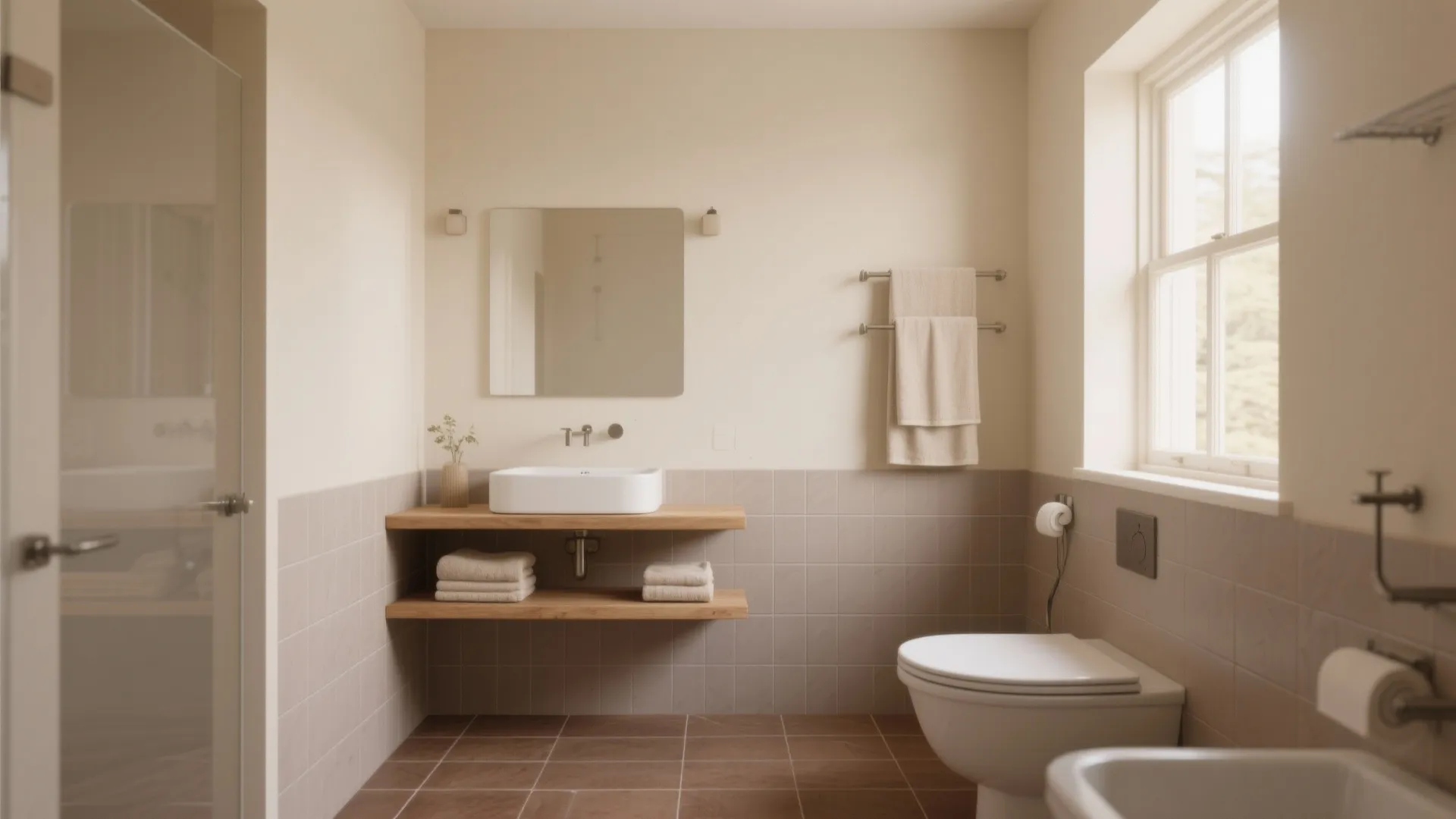 Minimalist cream bathroom with wooden shelves white sink square mirror toilet and natural window light