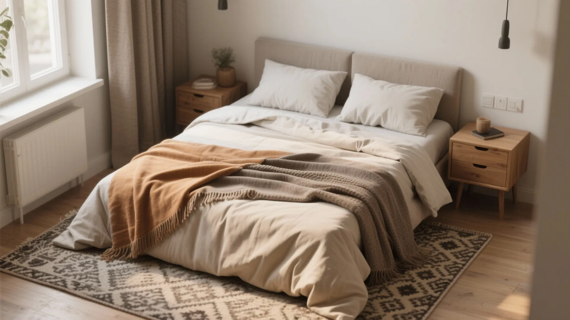 Bedroom with layered warm neutrals, textured throws and a patterned rug for depth