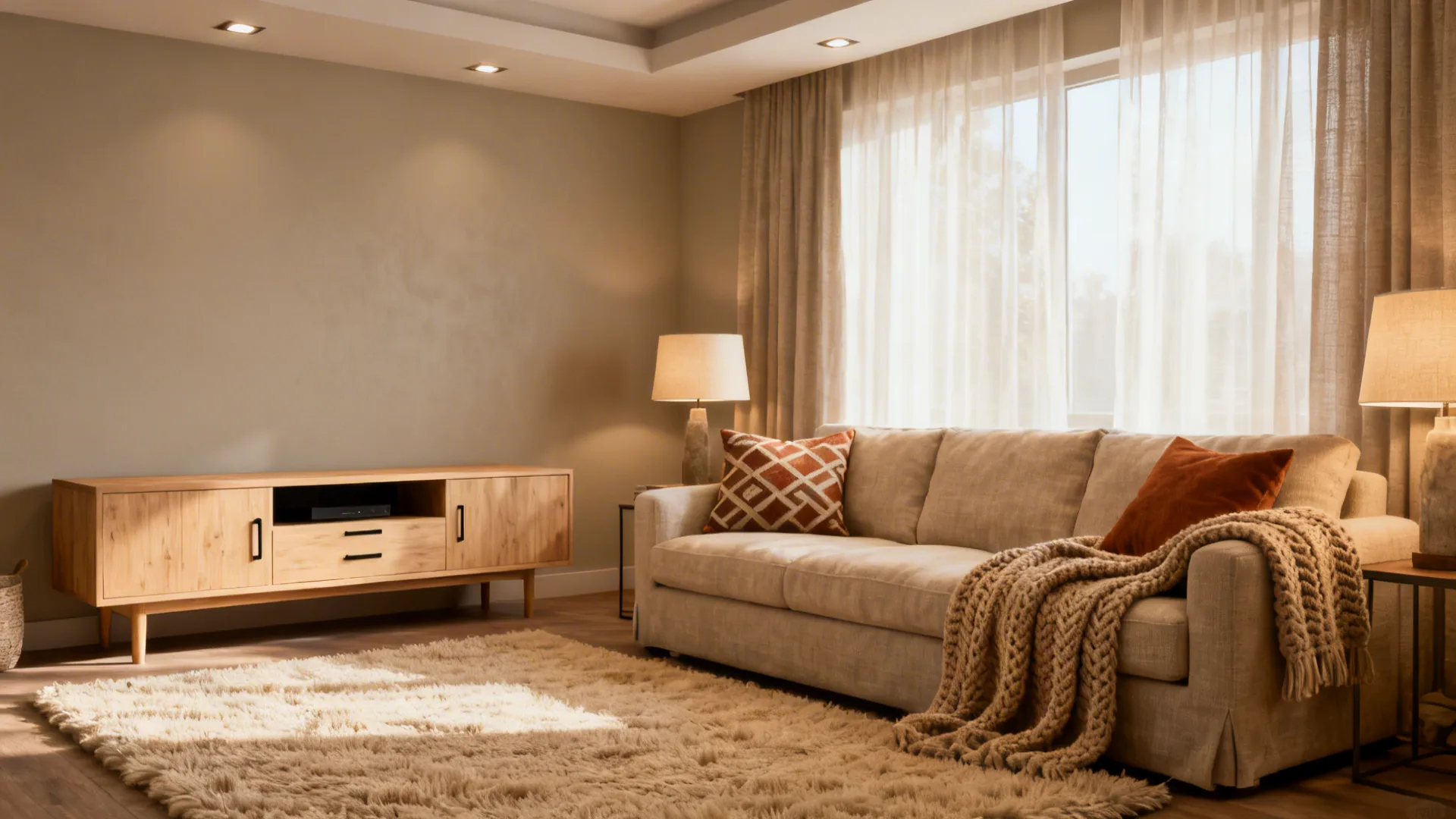 Warm beige living room with sofa and wooden cabinet plus fluffy rug near large window