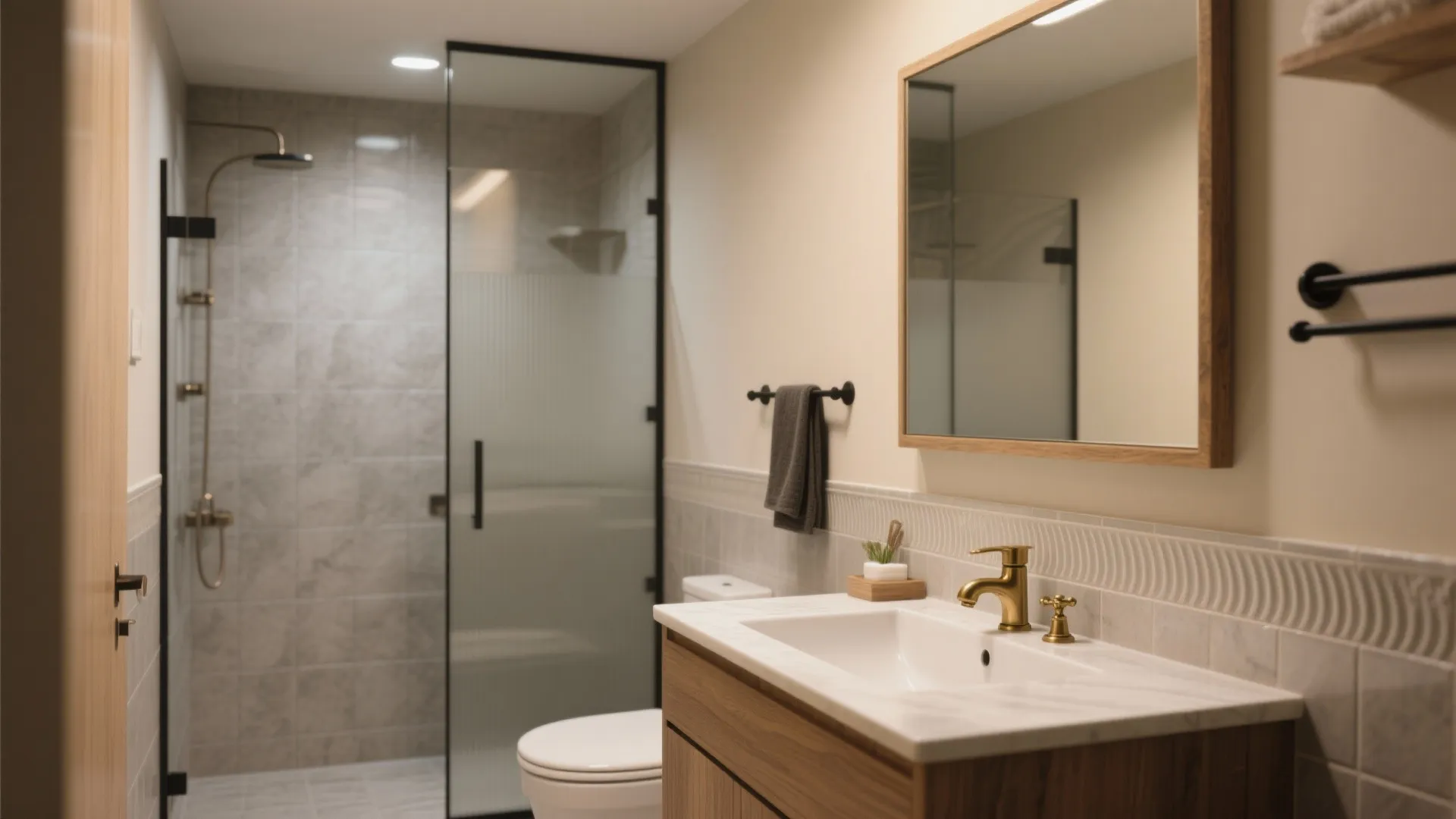 Modern bathroom with wood cabinet white sink gold faucet square mirror and glass shower area