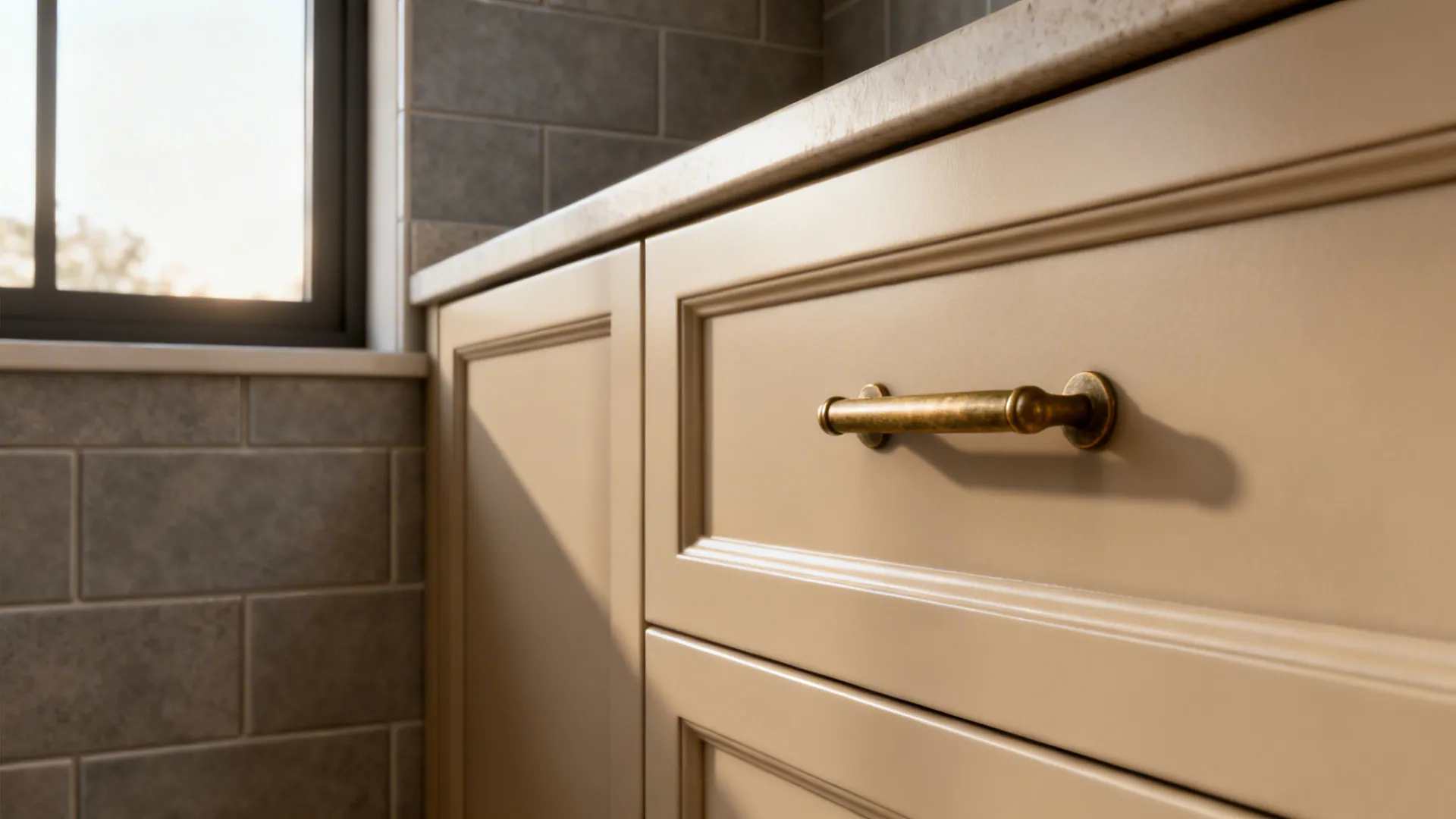 Macro of sandy beige cabinet, matte brass handle, and warm gray backsplash under soft west light.