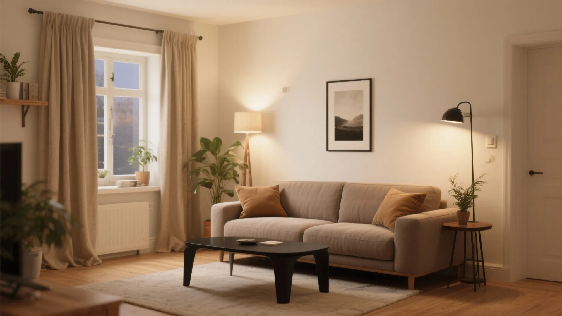 Living room interior with beige sofa, black coffee table, curtains, floor lamp and wall light