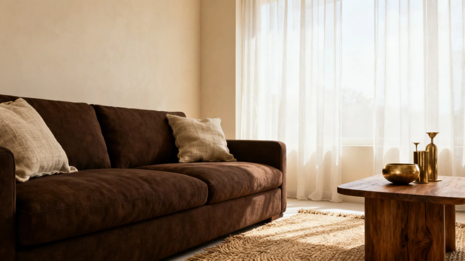 Small living room with a dark brown sofa, warm beige walls and creamy accents