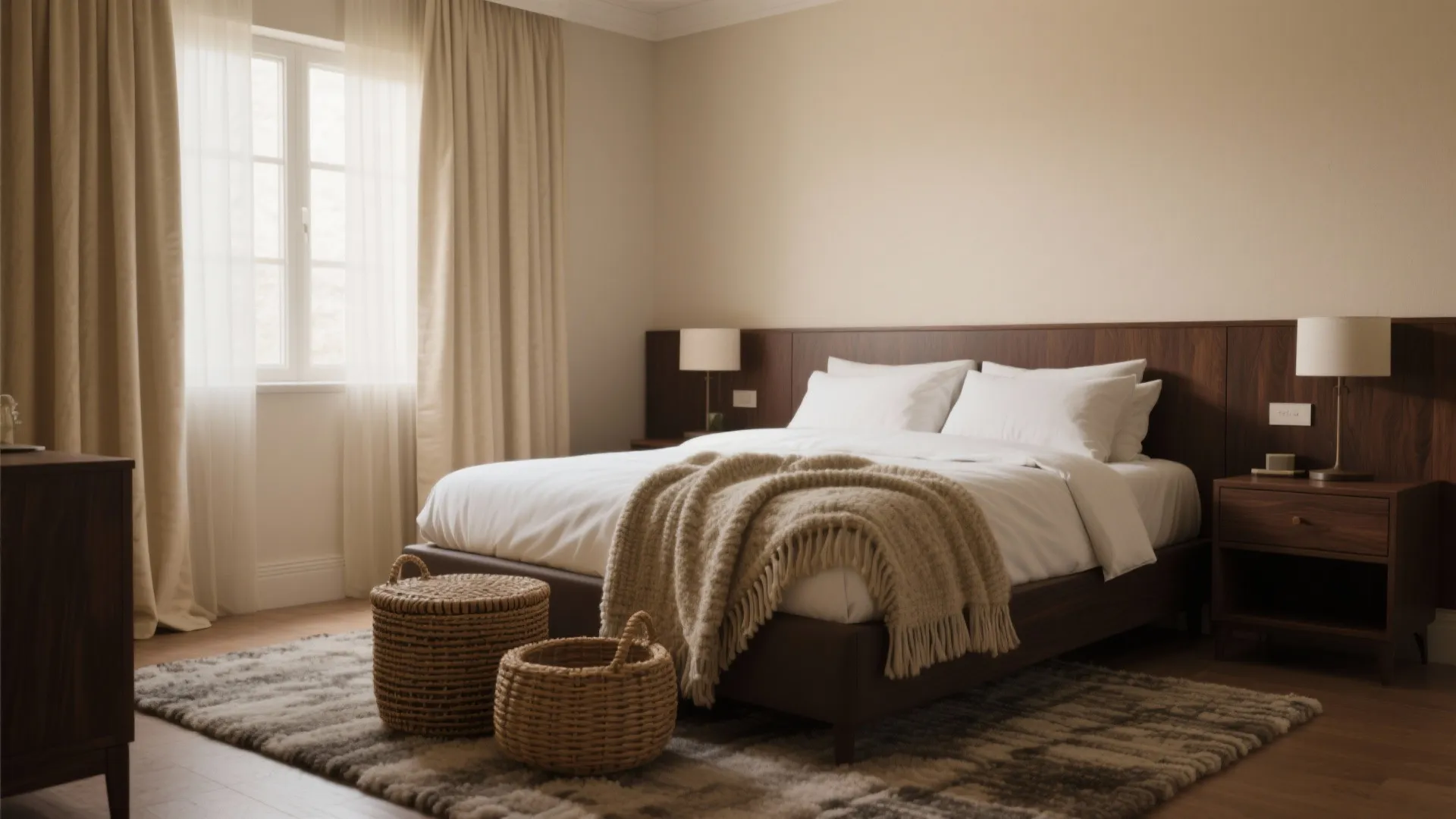 Small bedroom with dark brown furniture and beige tones