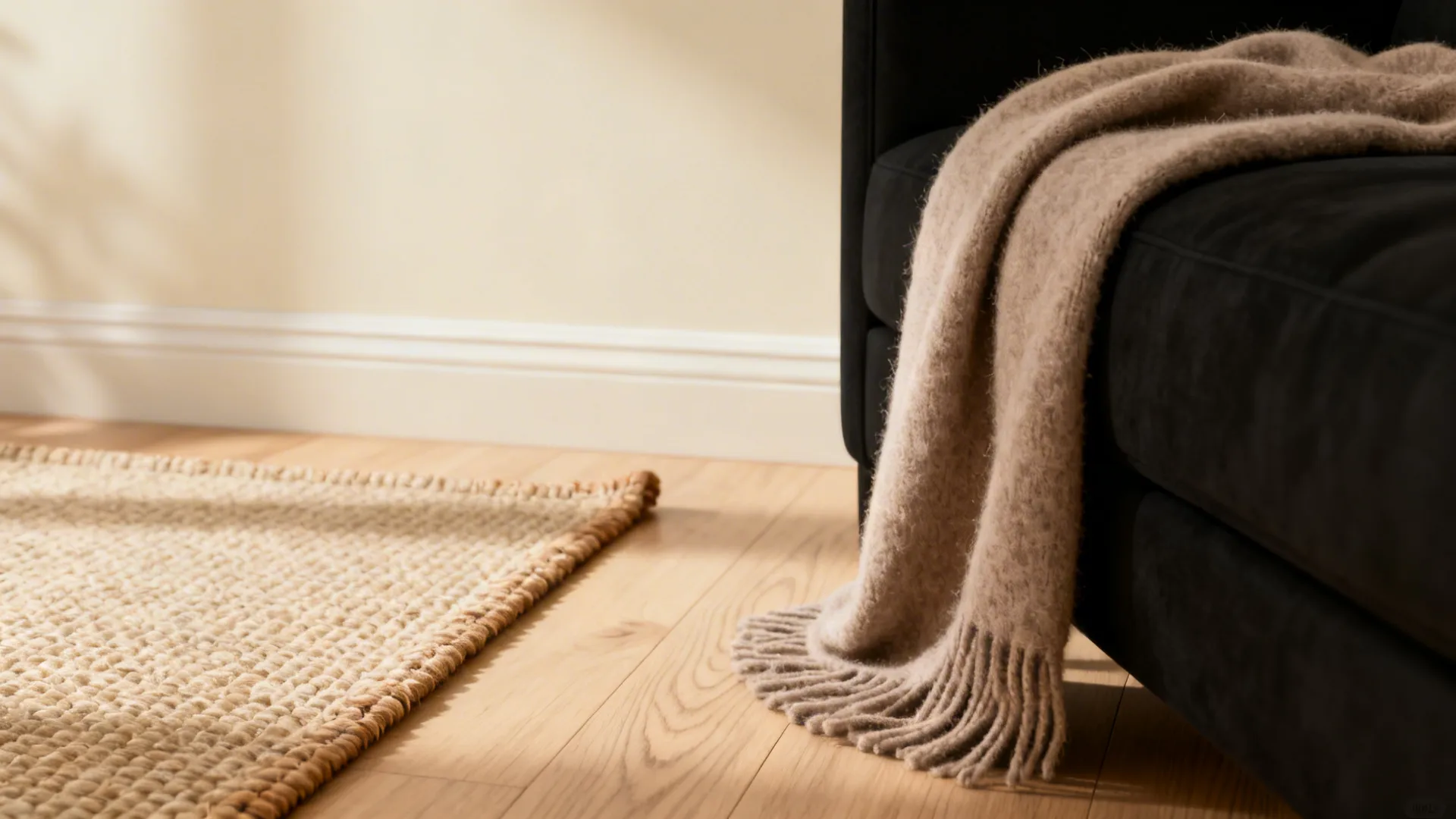 Close-up of cream wall, beige rug and taupe wool throw on a black sofa showing texture and warmth.