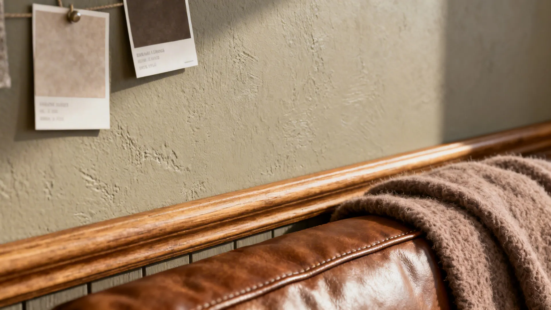 Close-up of warm greige wall texture with oak trim, leather cushion and wool throw.