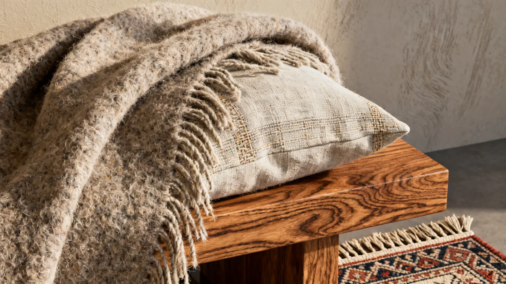 Close-up of warm neutral textiles and oak table against a warm gray wall